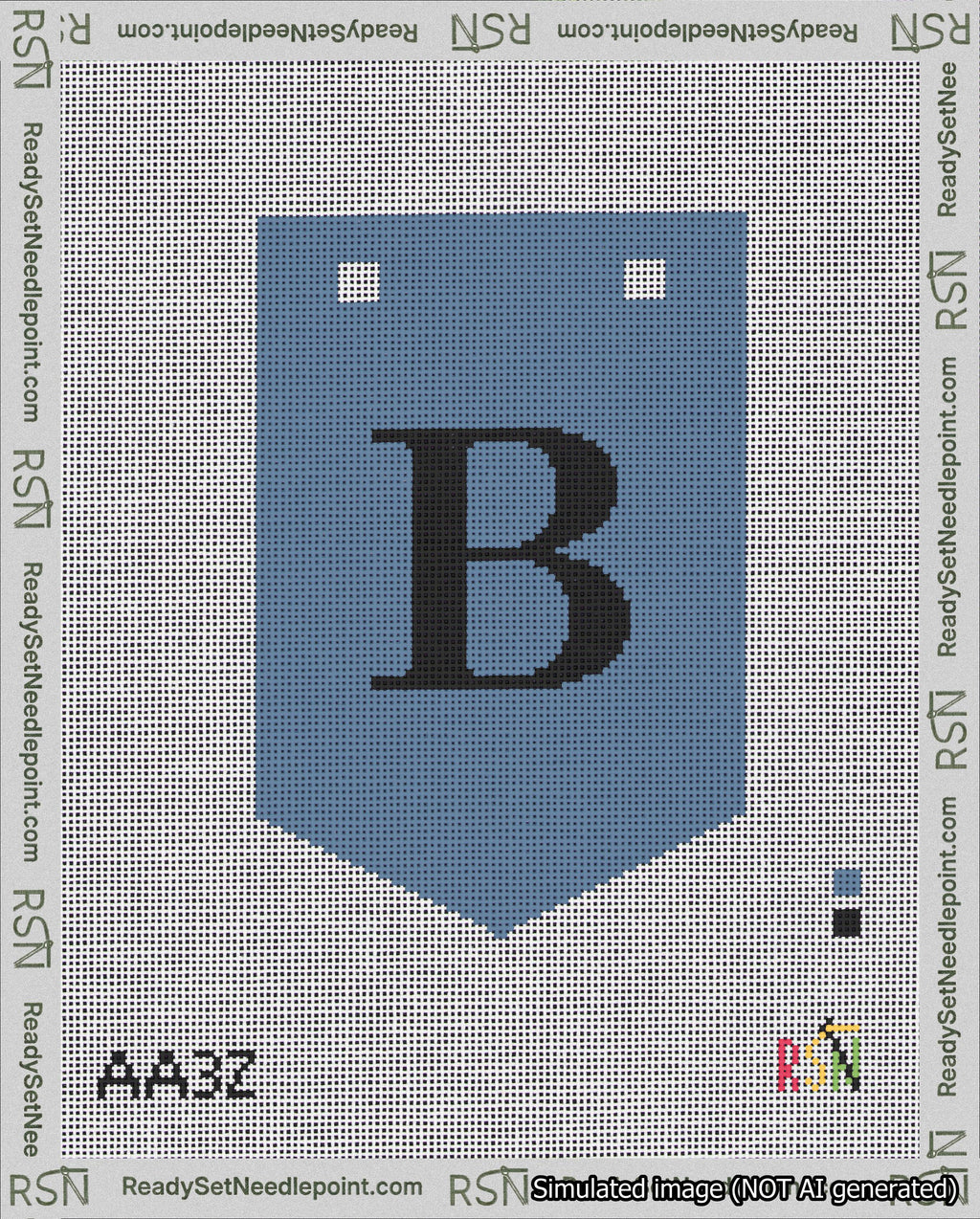 A taped needlepoint canvas with the design: Banner 18 mesh count Pointed B Black on Blue.