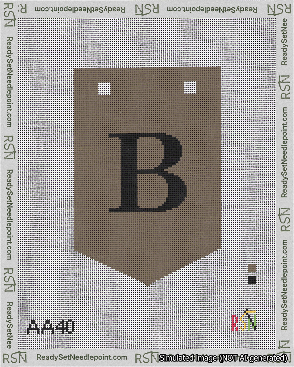 A taped needlepoint canvas with the design: Banner 18 mesh count Pointed B Black on Brown.