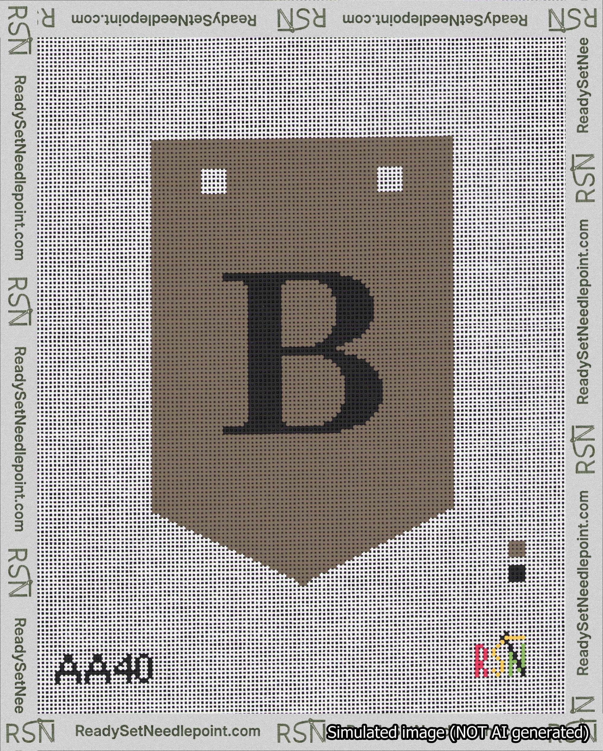 A taped needlepoint canvas with the design: Banner 18 mesh count Pointed B Black on Brown.