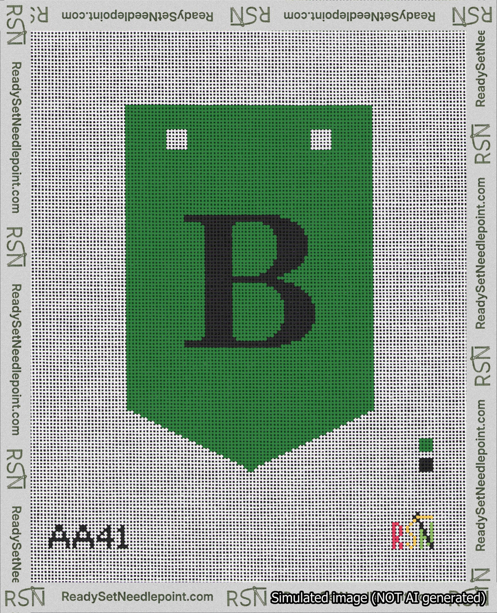 A taped needlepoint canvas with the design: Banner 18 mesh count Pointed B Black on Green.