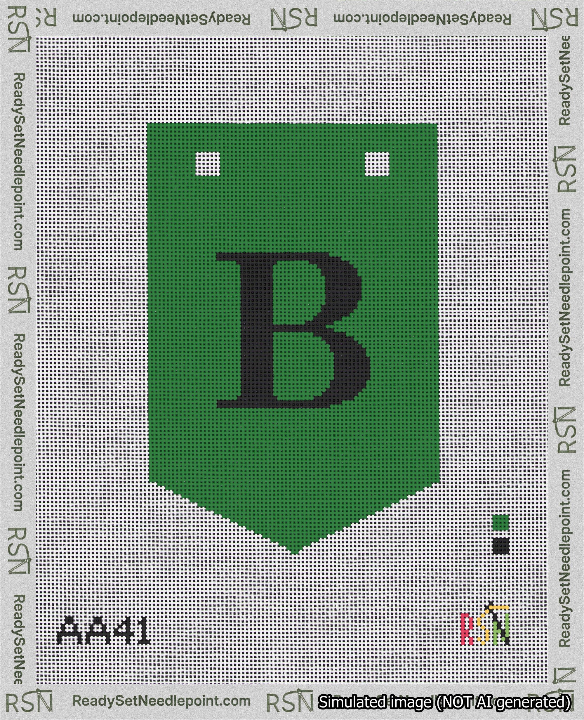 A taped needlepoint canvas with the design: Banner 18 mesh count Pointed B Black on Green.