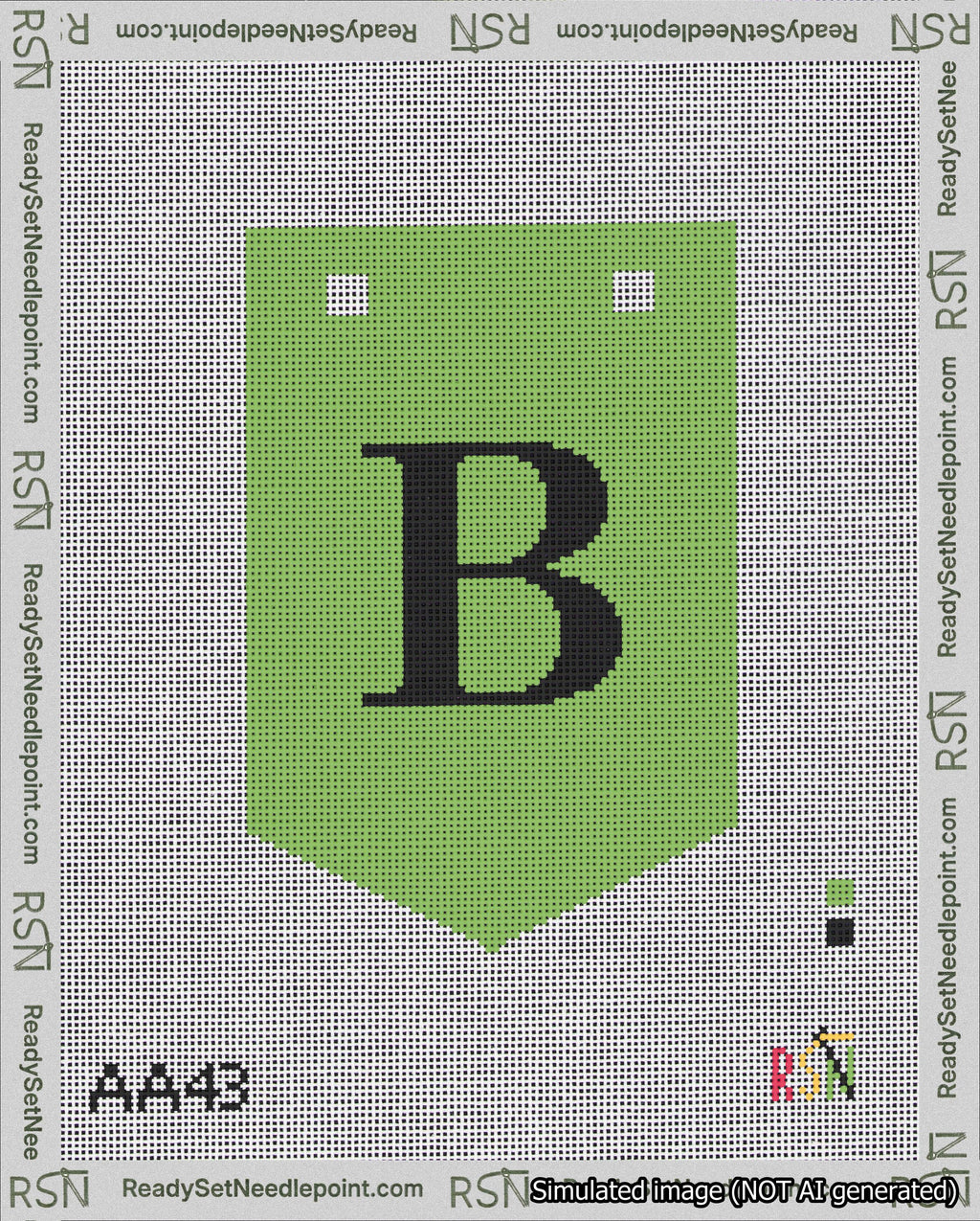 A taped needlepoint canvas with the design: Banner 18 mesh count Pointed B Black on Light Green.