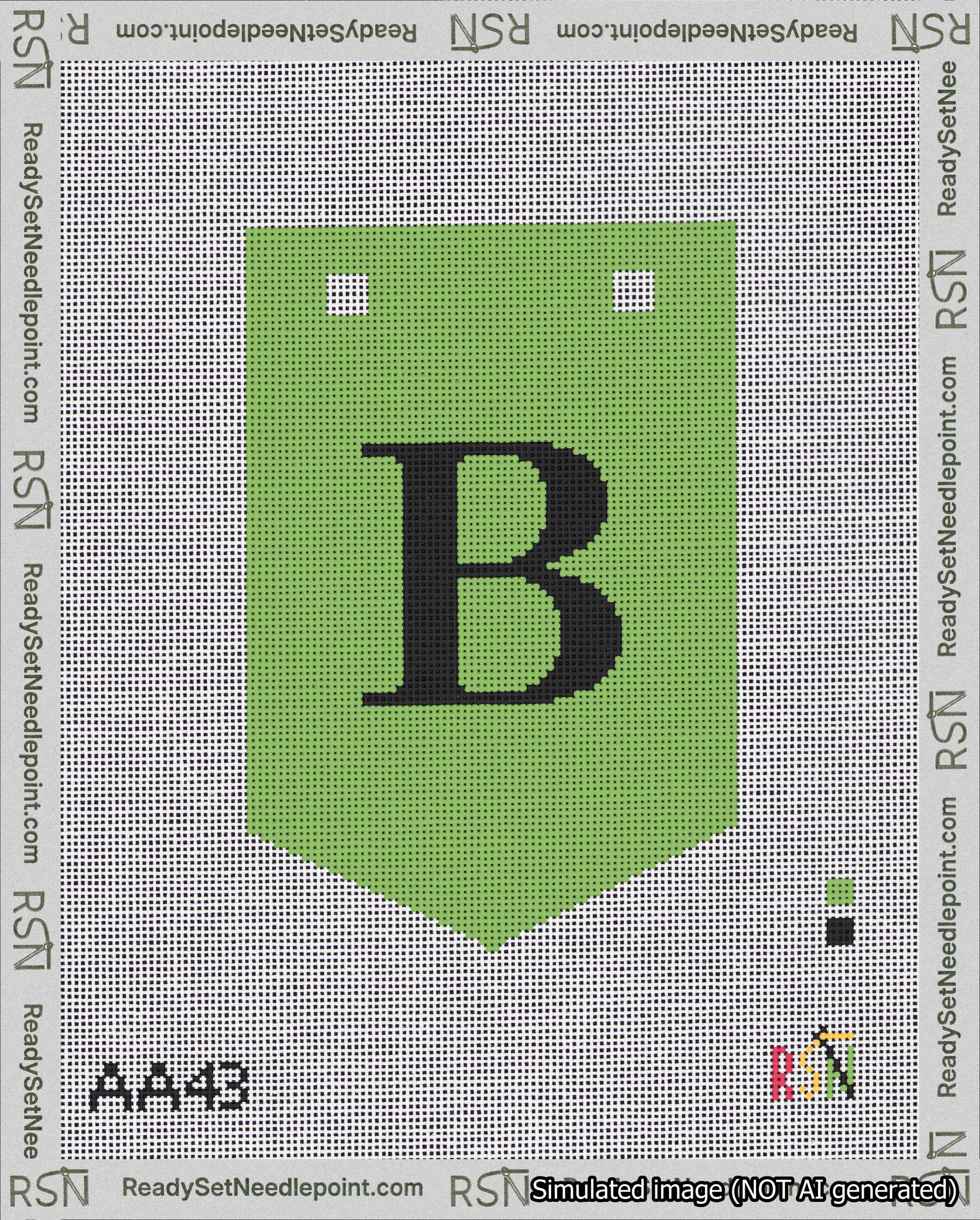 A taped needlepoint canvas with the design: Banner 18 mesh count Pointed B Black on Light Green.