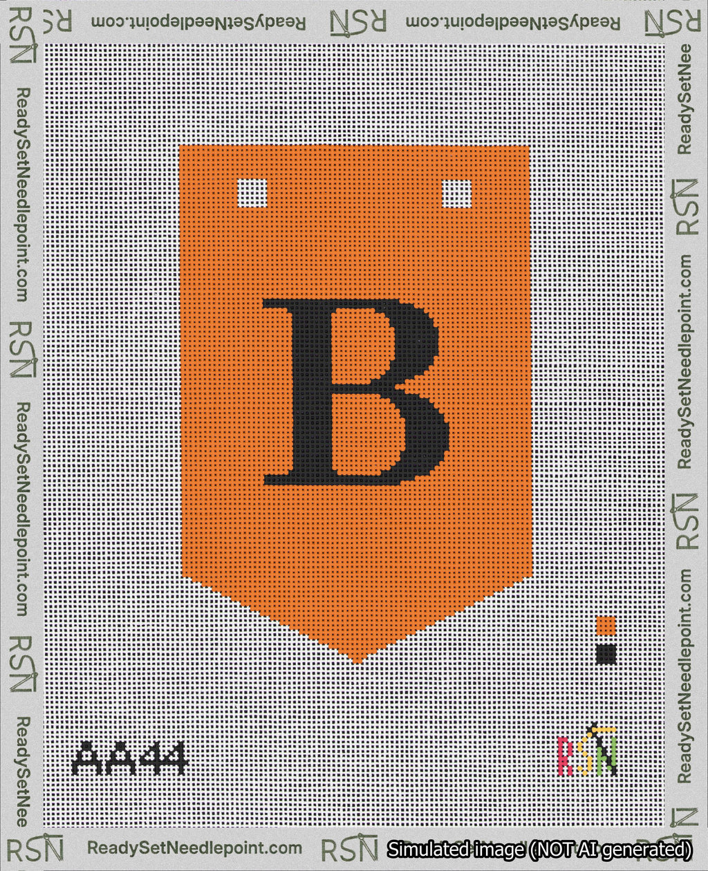 A taped needlepoint canvas with the design: Banner 18 mesh count Pointed B Black on Orange.