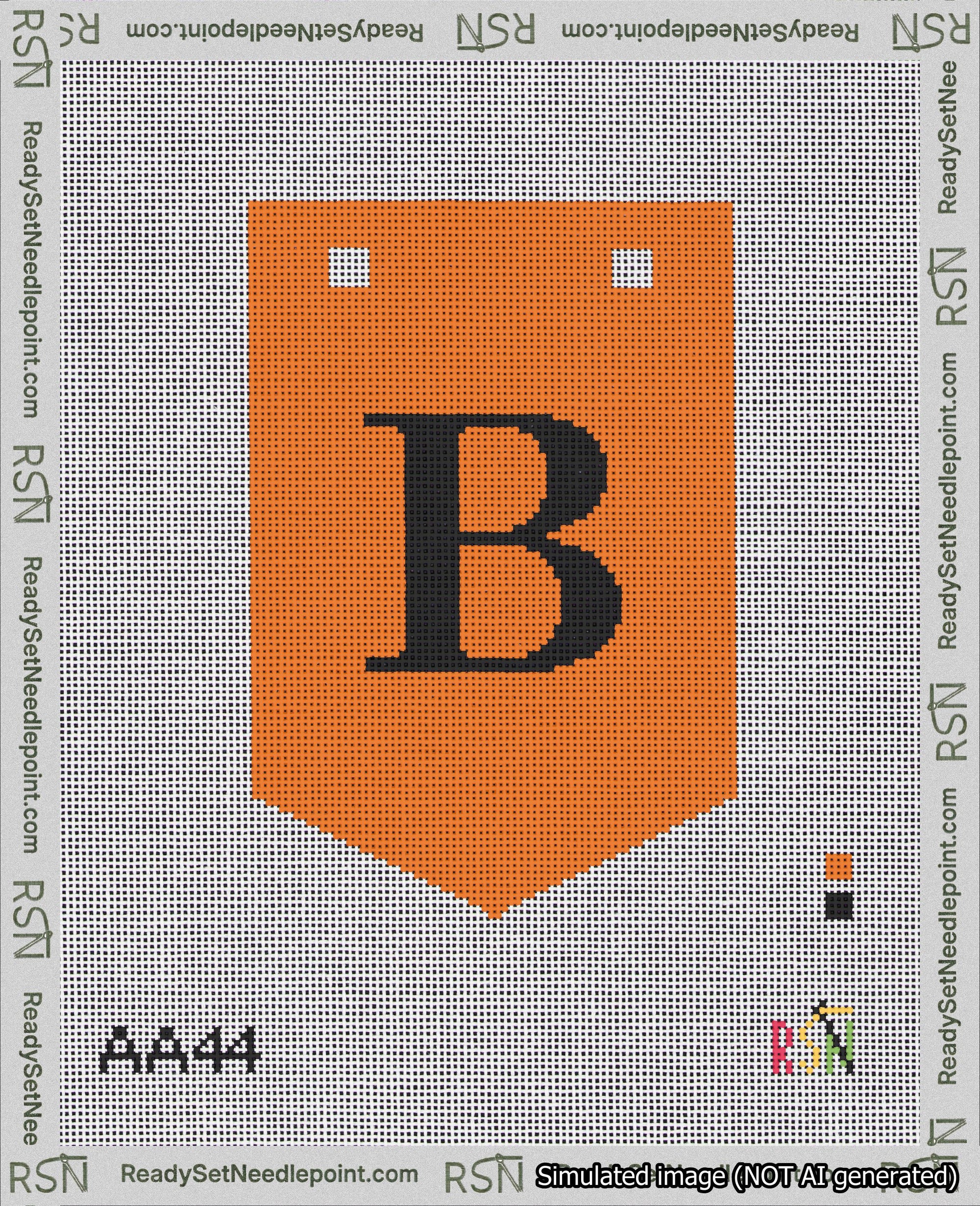 A taped needlepoint canvas with the design: Banner 18 mesh count Pointed B Black on Orange.