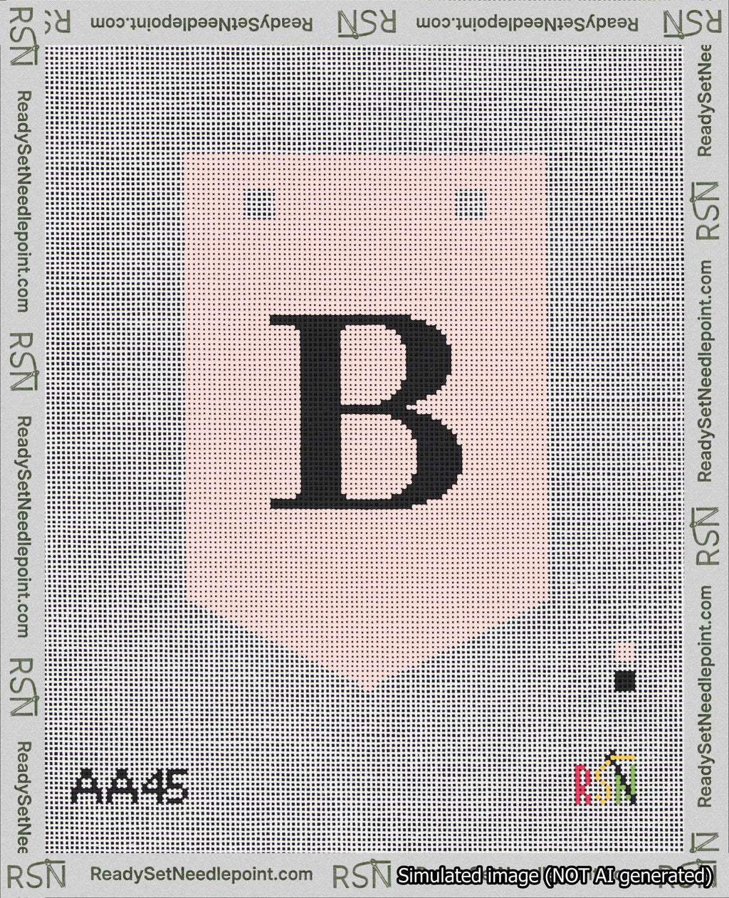 A taped needlepoint canvas with the design: Banner 18 mesh count Pointed B Black on Pink.