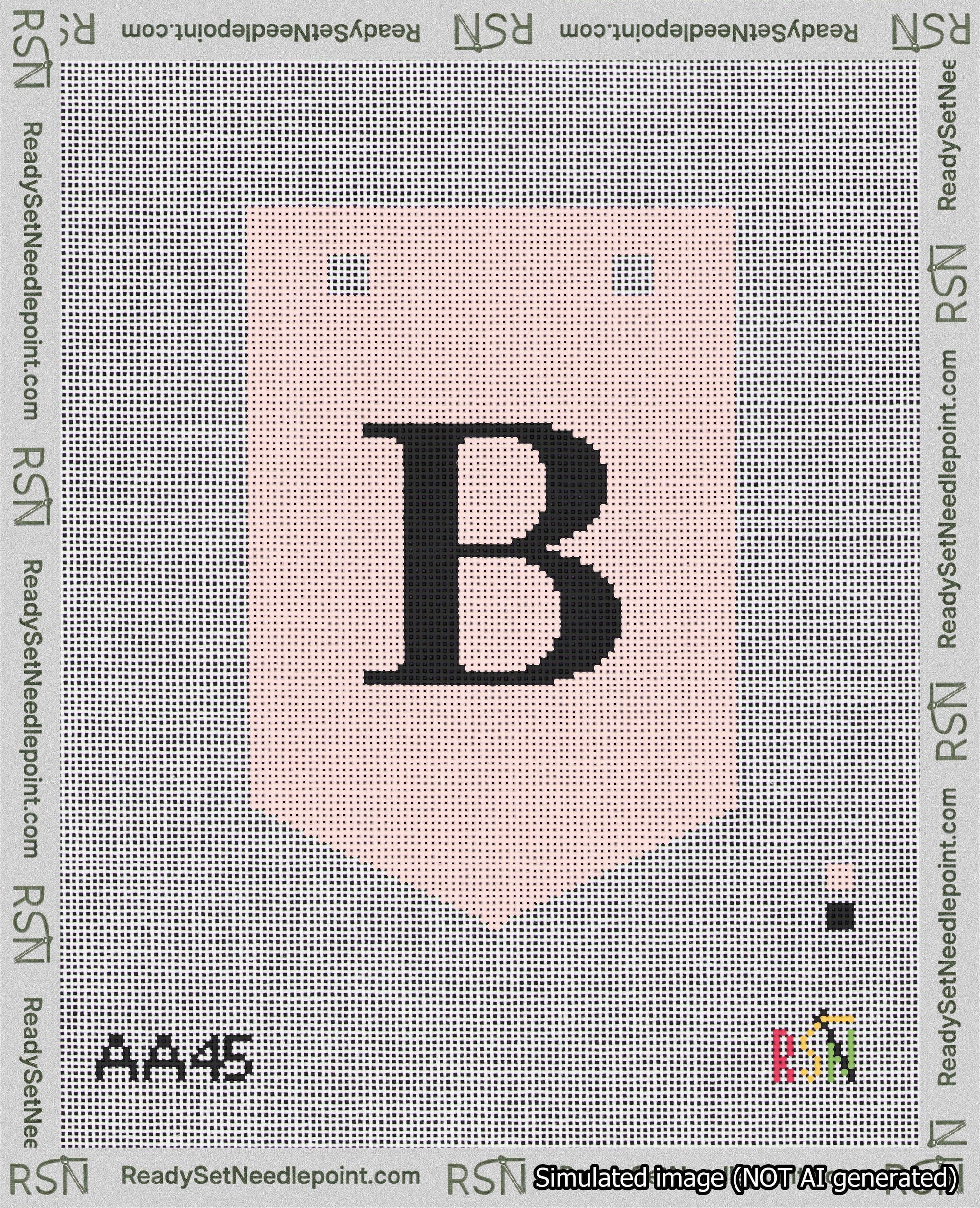 A taped needlepoint canvas with the design: Banner 18 mesh count Pointed B Black on Pink.
