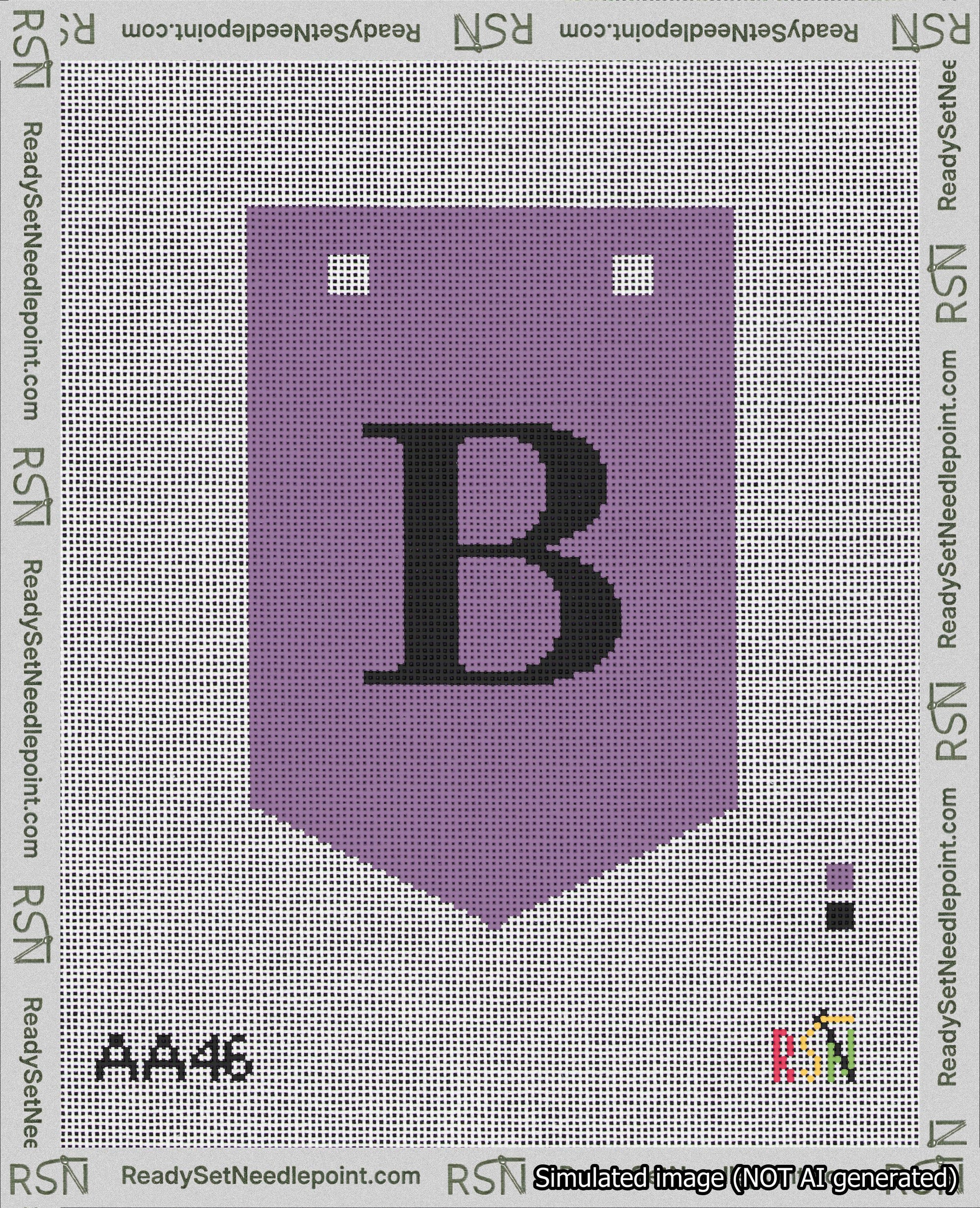 A taped needlepoint canvas with the design: Banner 18 mesh count Pointed B Black on Purple.