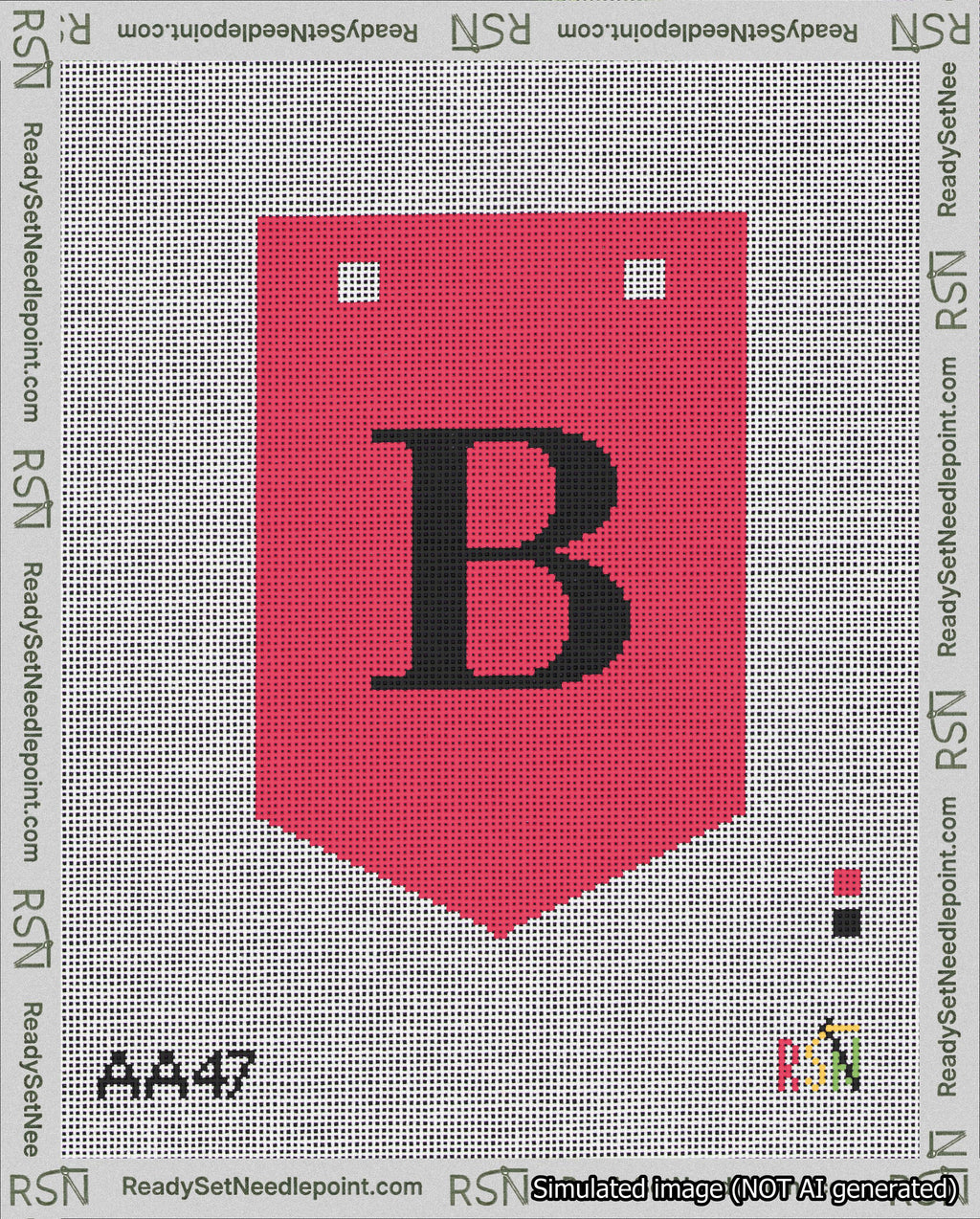 A taped needlepoint canvas with the design: Banner 18 mesh count Pointed B Black on Red.