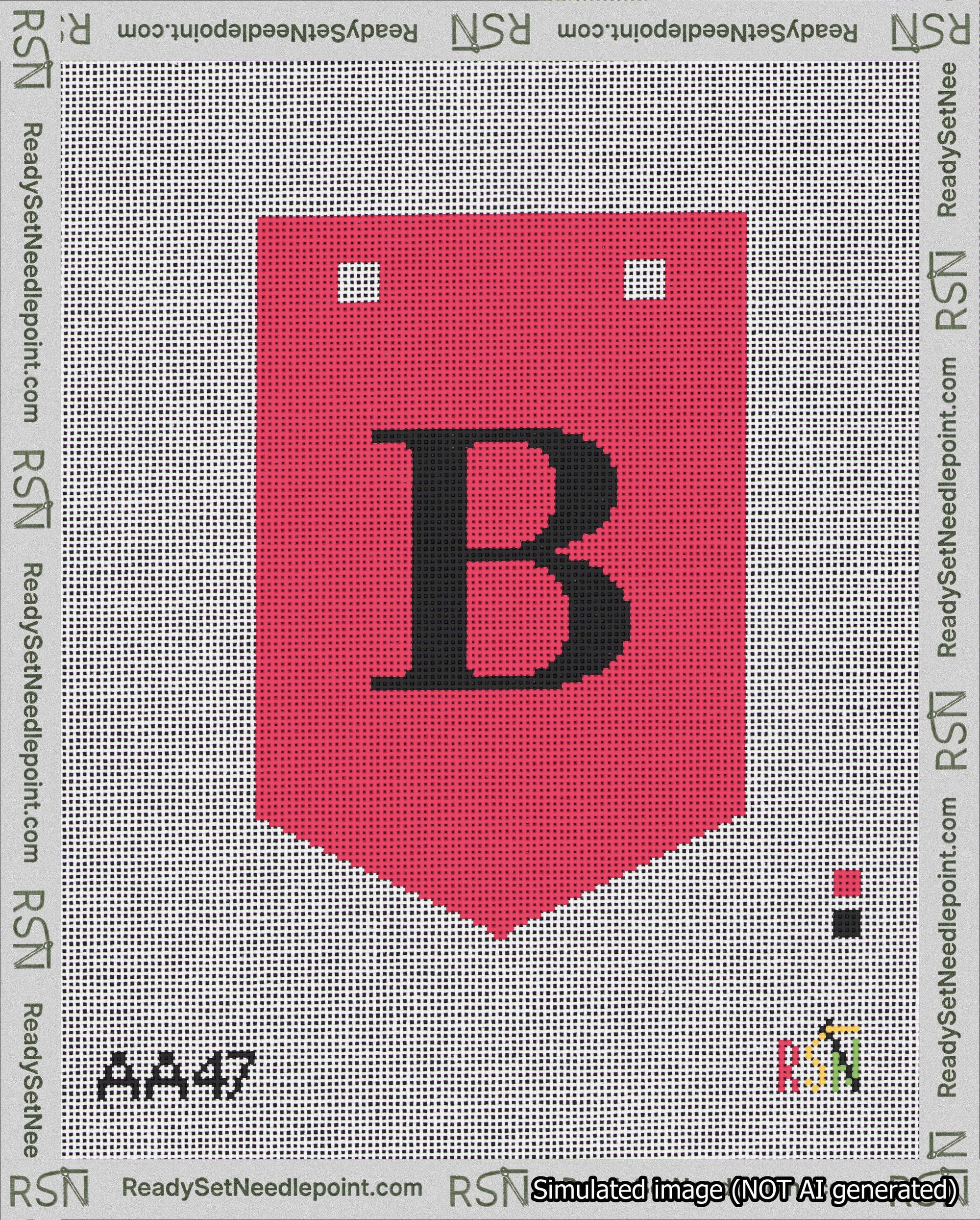 A taped needlepoint canvas with the design: Banner 18 mesh count Pointed B Black on Red.