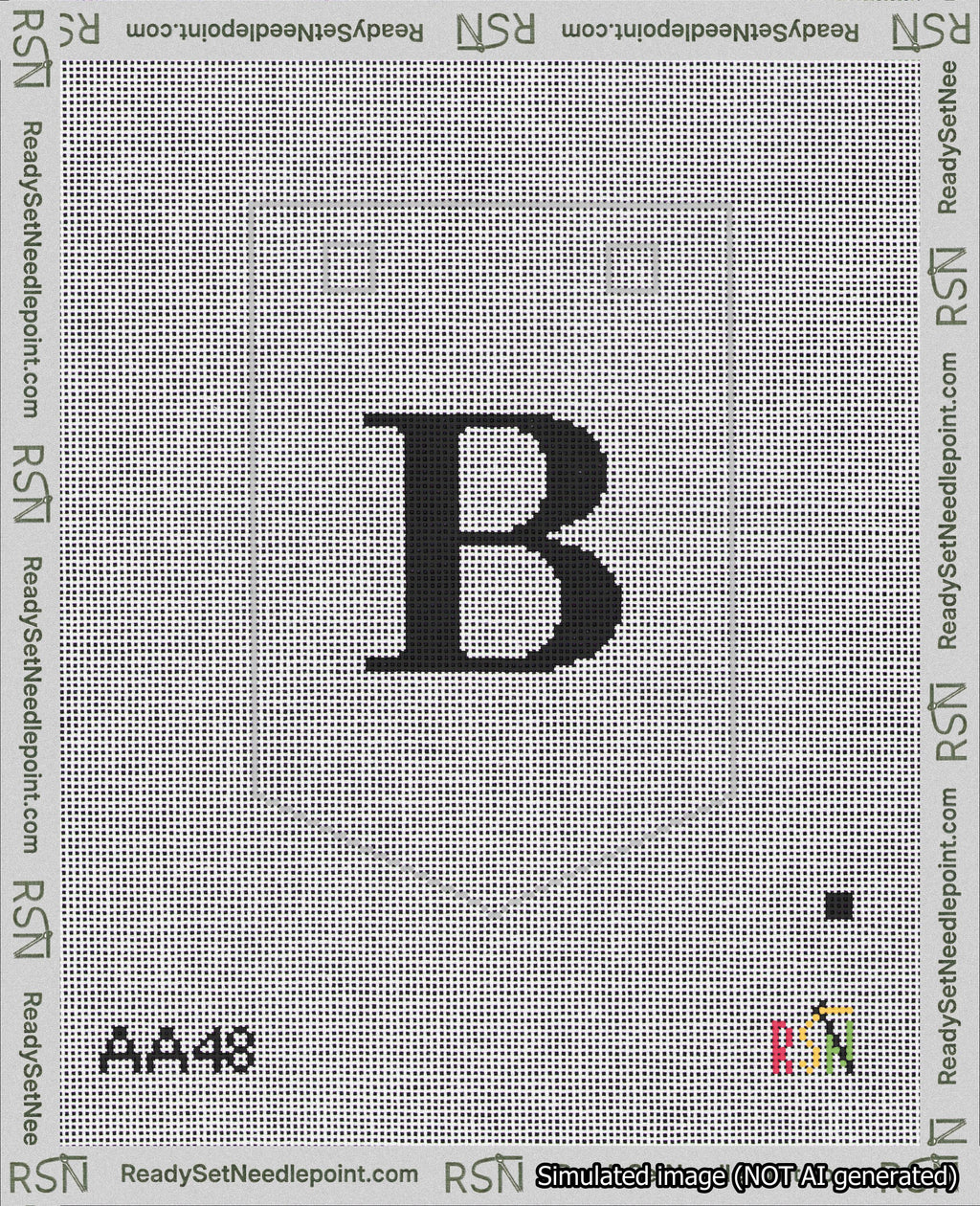 A taped needlepoint canvas with the design: Banner 18 mesh count Pointed B Black on White.