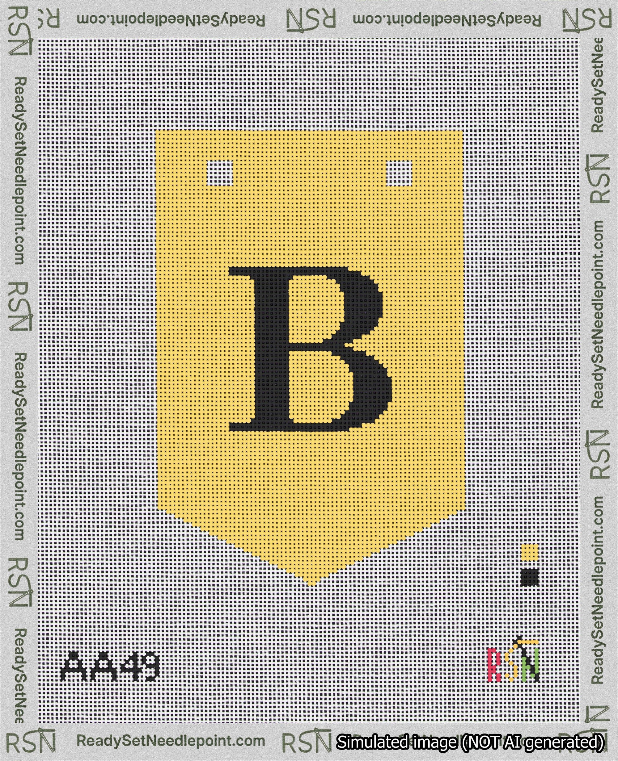 A taped needlepoint canvas with the design: Banner 18 mesh count Pointed B Black on Yellow.