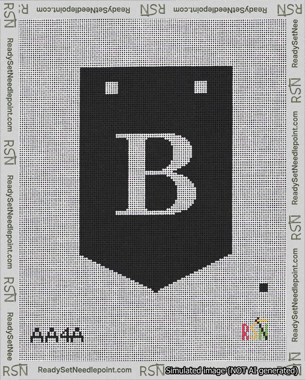 A taped needlepoint canvas with the design: Banner 18 mesh count Pointed B White on Black.