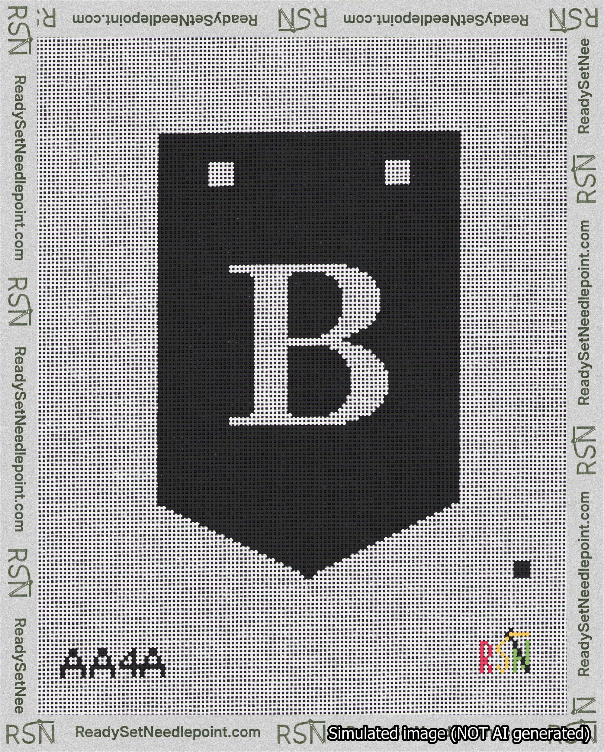 A taped needlepoint canvas with the design: Banner 18 mesh count Pointed B White on Black.