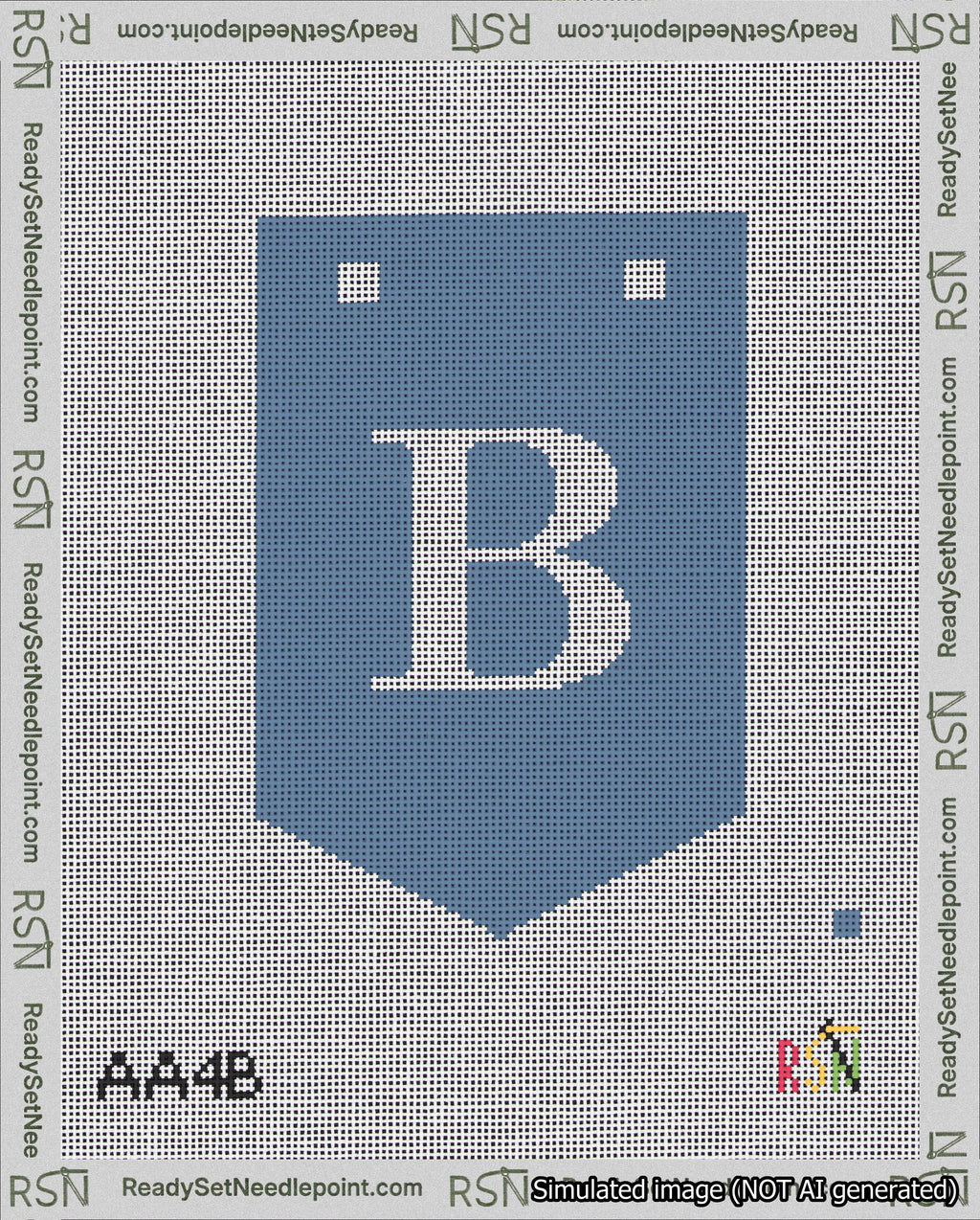 A taped needlepoint canvas with the design: Banner 18 mesh count Pointed B White on Blue.