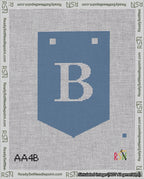 A taped needlepoint canvas with the design: Banner 18 mesh count Pointed B White on Blue.