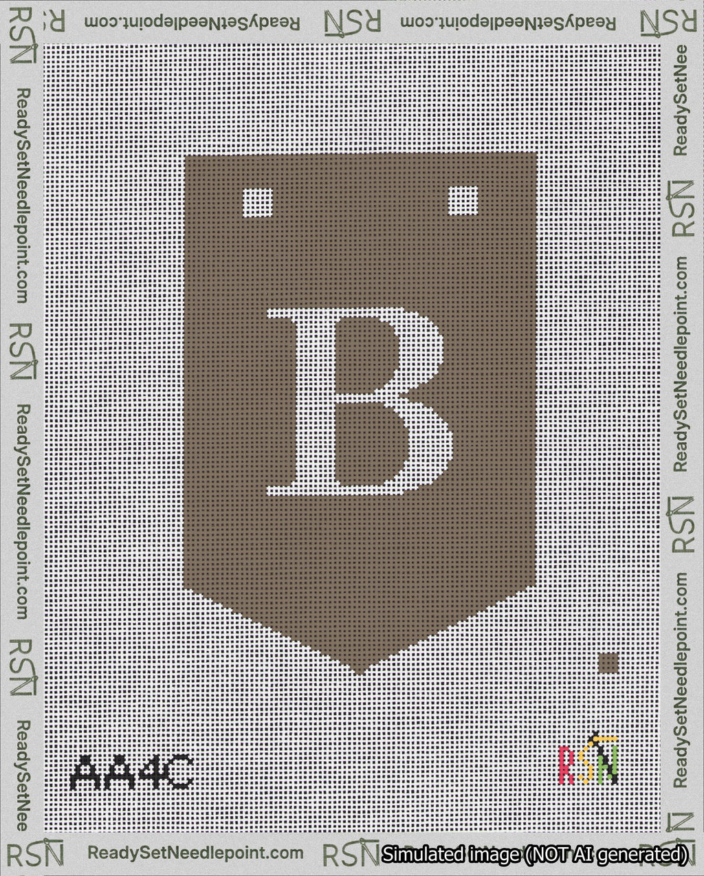 A taped needlepoint canvas with the design: Banner 18 mesh count Pointed B White on Brown.