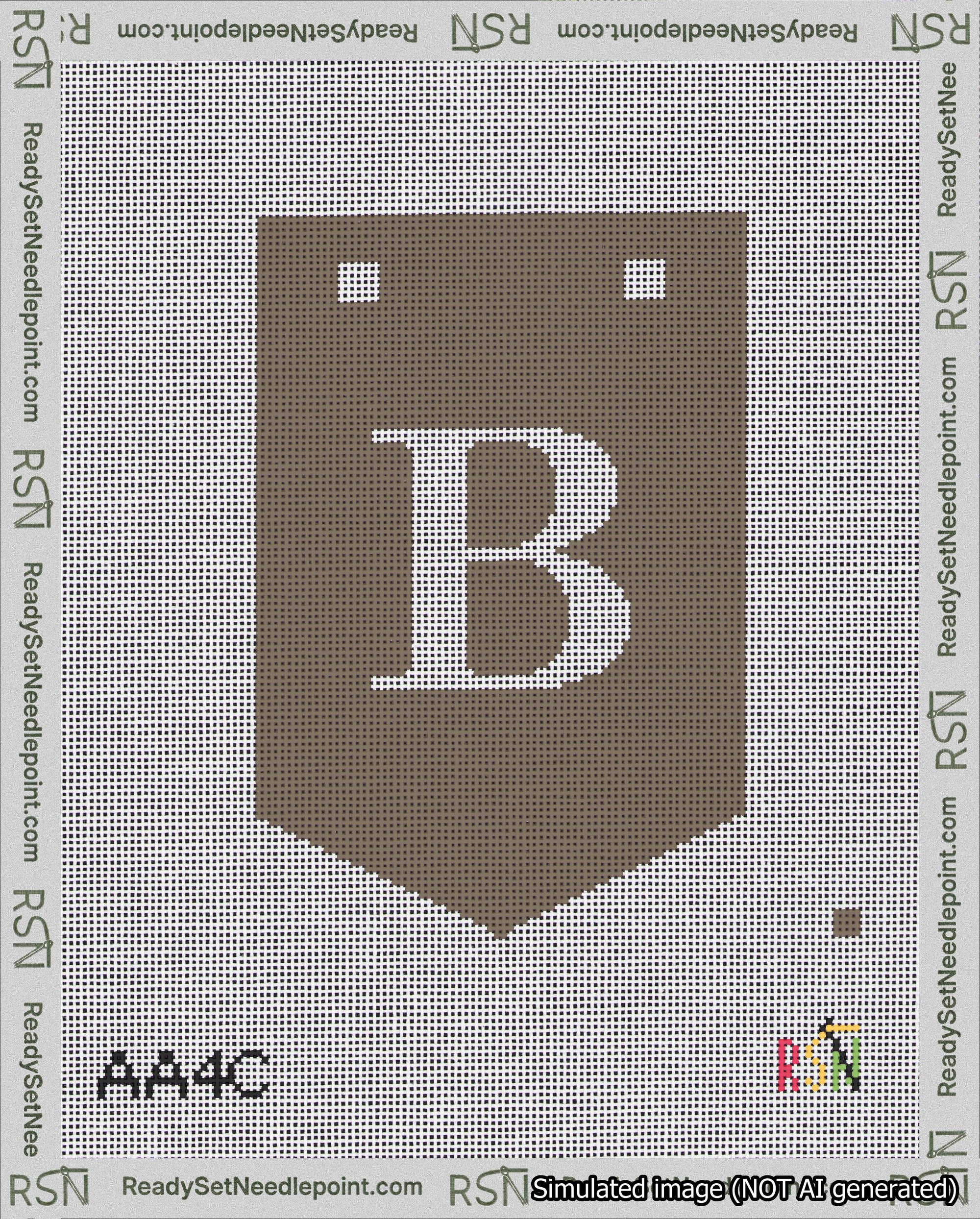 A taped needlepoint canvas with the design: Banner 18 mesh count Pointed B White on Brown.