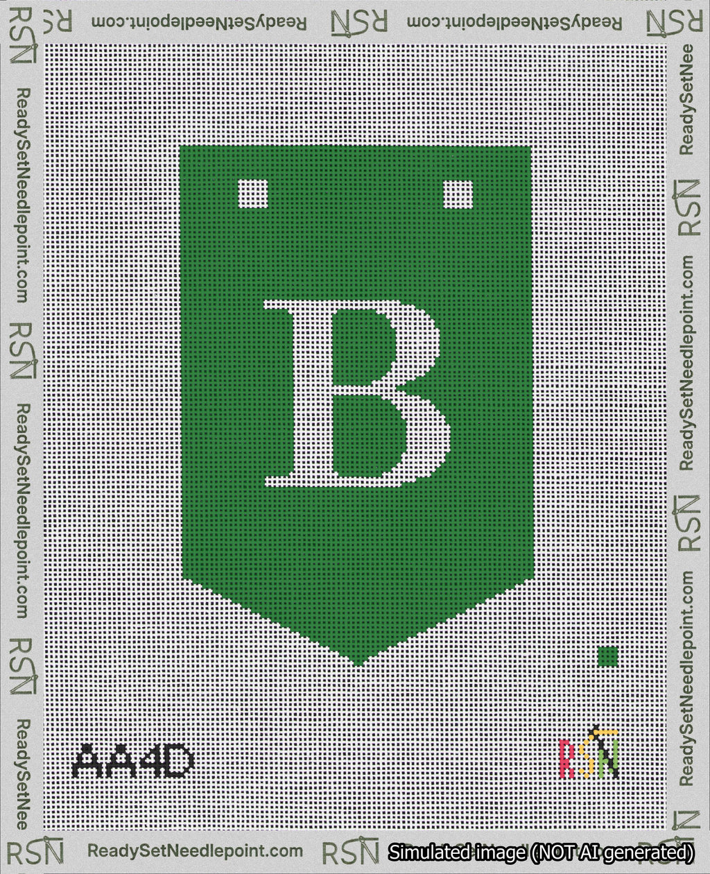 A taped needlepoint canvas with the design: Banner 18 mesh count Pointed B White on Green.