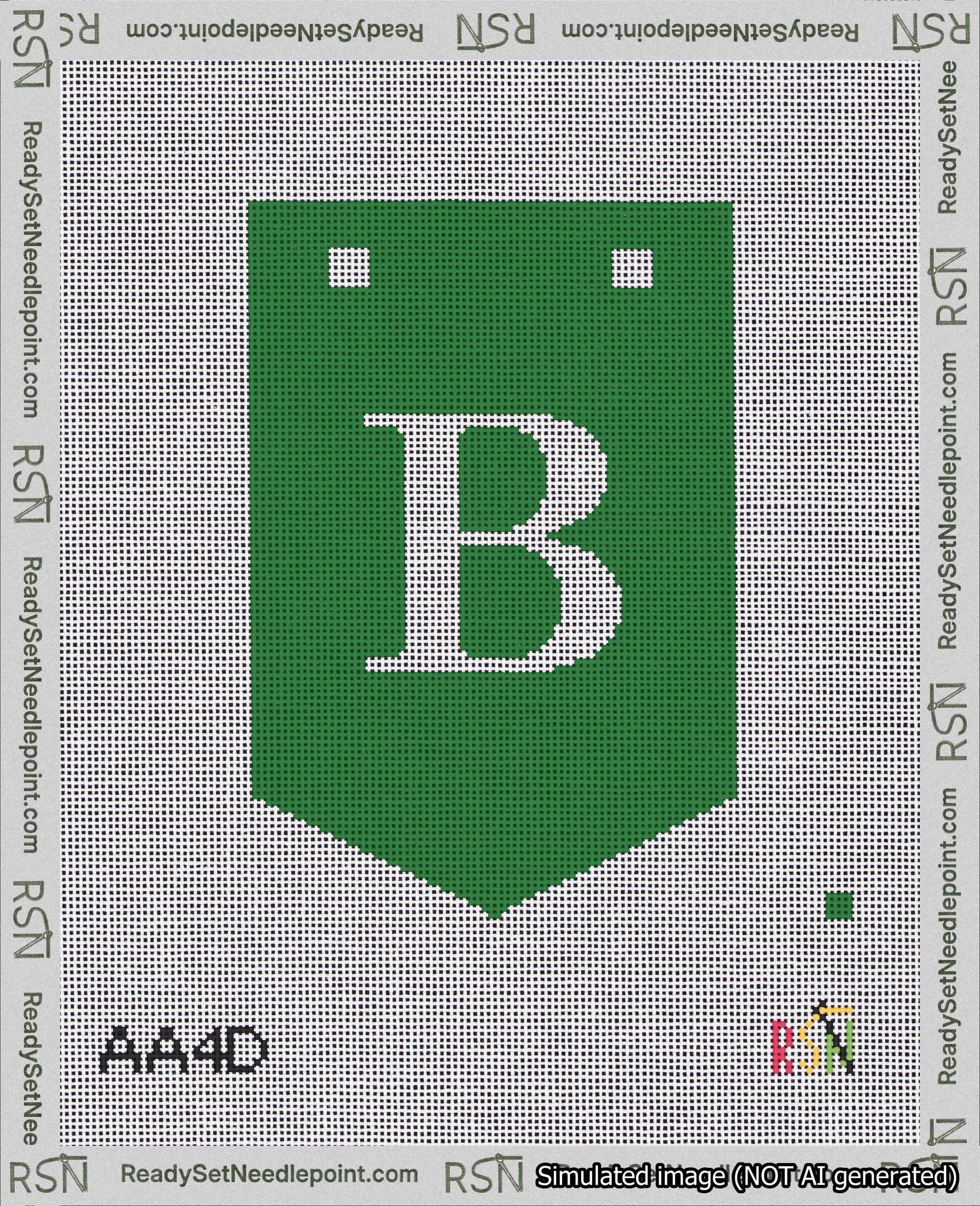 A taped needlepoint canvas with the design: Banner 18 mesh count Pointed B White on Green.