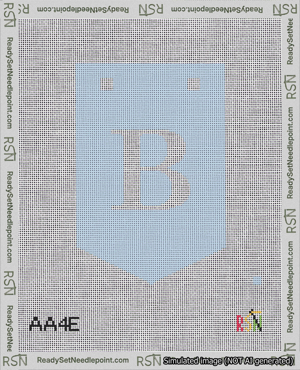 A taped needlepoint canvas with the design: Banner 18 mesh count Pointed B White on Light Blue.