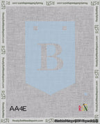 A taped needlepoint canvas with the design: Banner 18 mesh count Pointed B White on Light Blue.