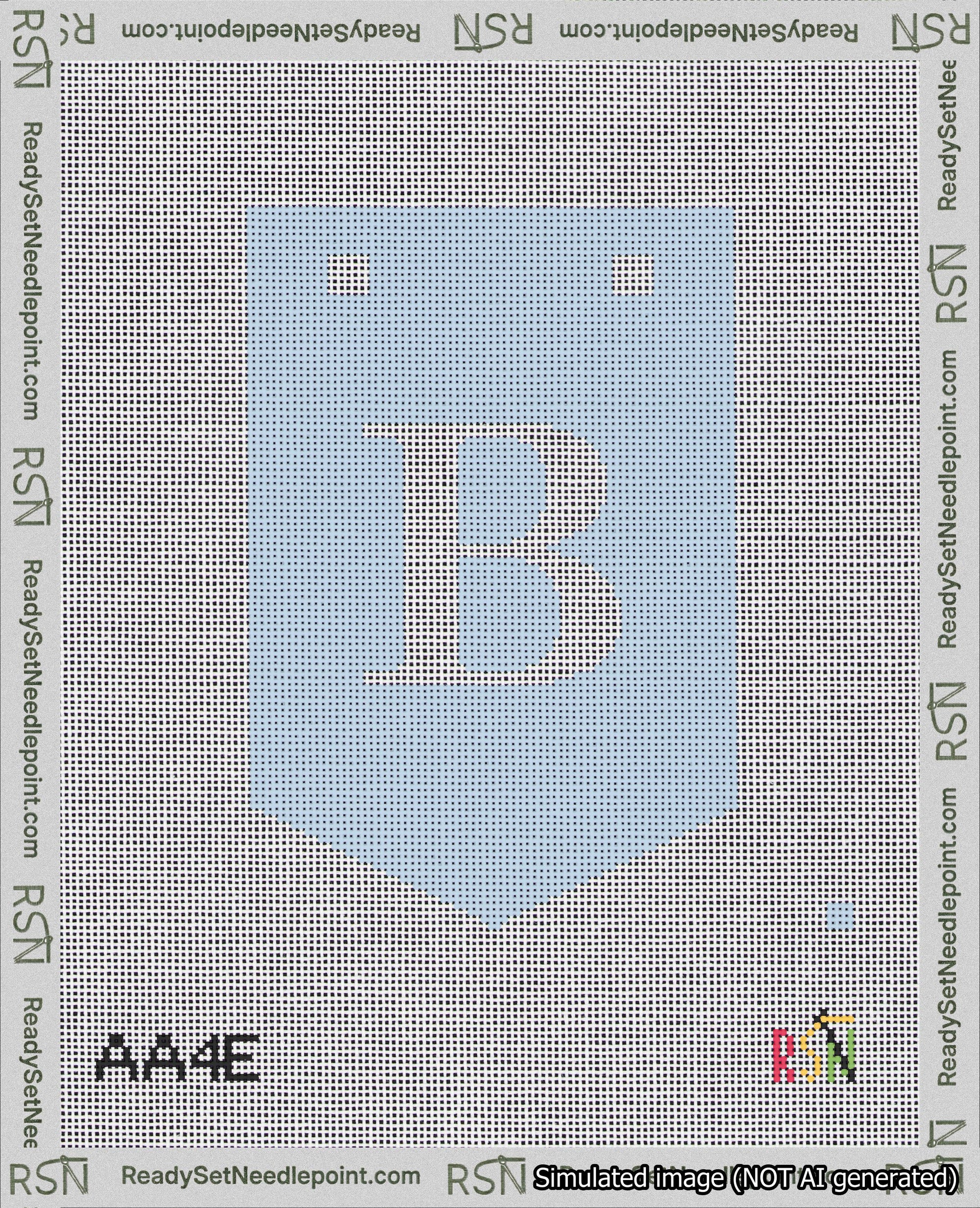 A taped needlepoint canvas with the design: Banner 18 mesh count Pointed B White on Light Blue.