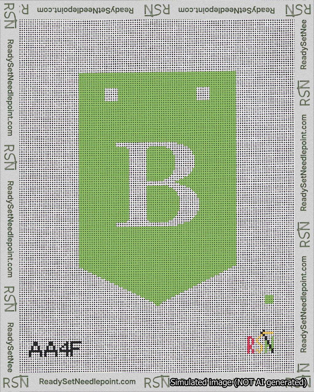 A taped needlepoint canvas with the design: Banner 18 mesh count Pointed B White on Light Green.
