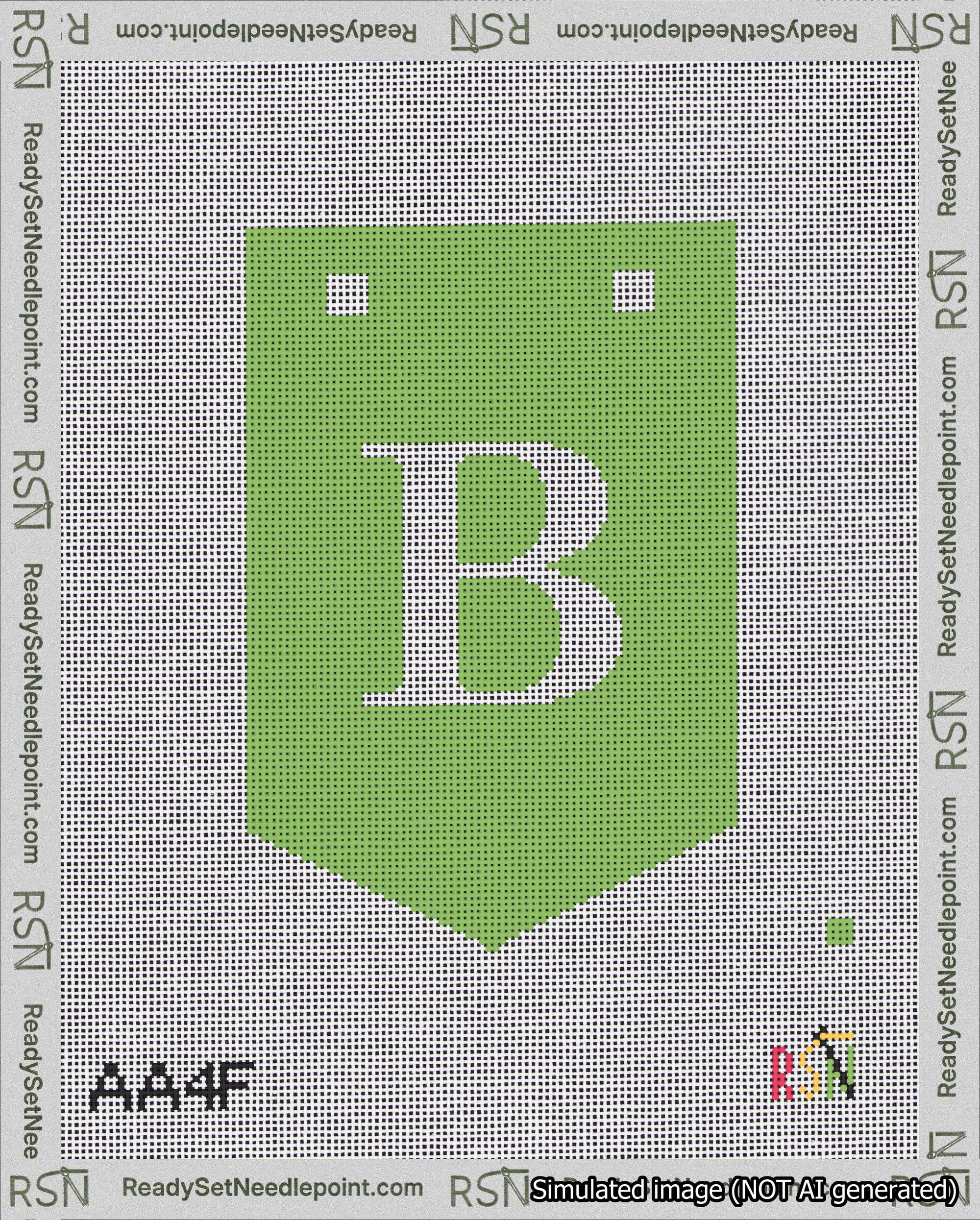 A taped needlepoint canvas with the design: Banner 18 mesh count Pointed B White on Light Green.