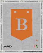 A taped needlepoint canvas with the design: Banner 18 mesh count Pointed B White on Orange.