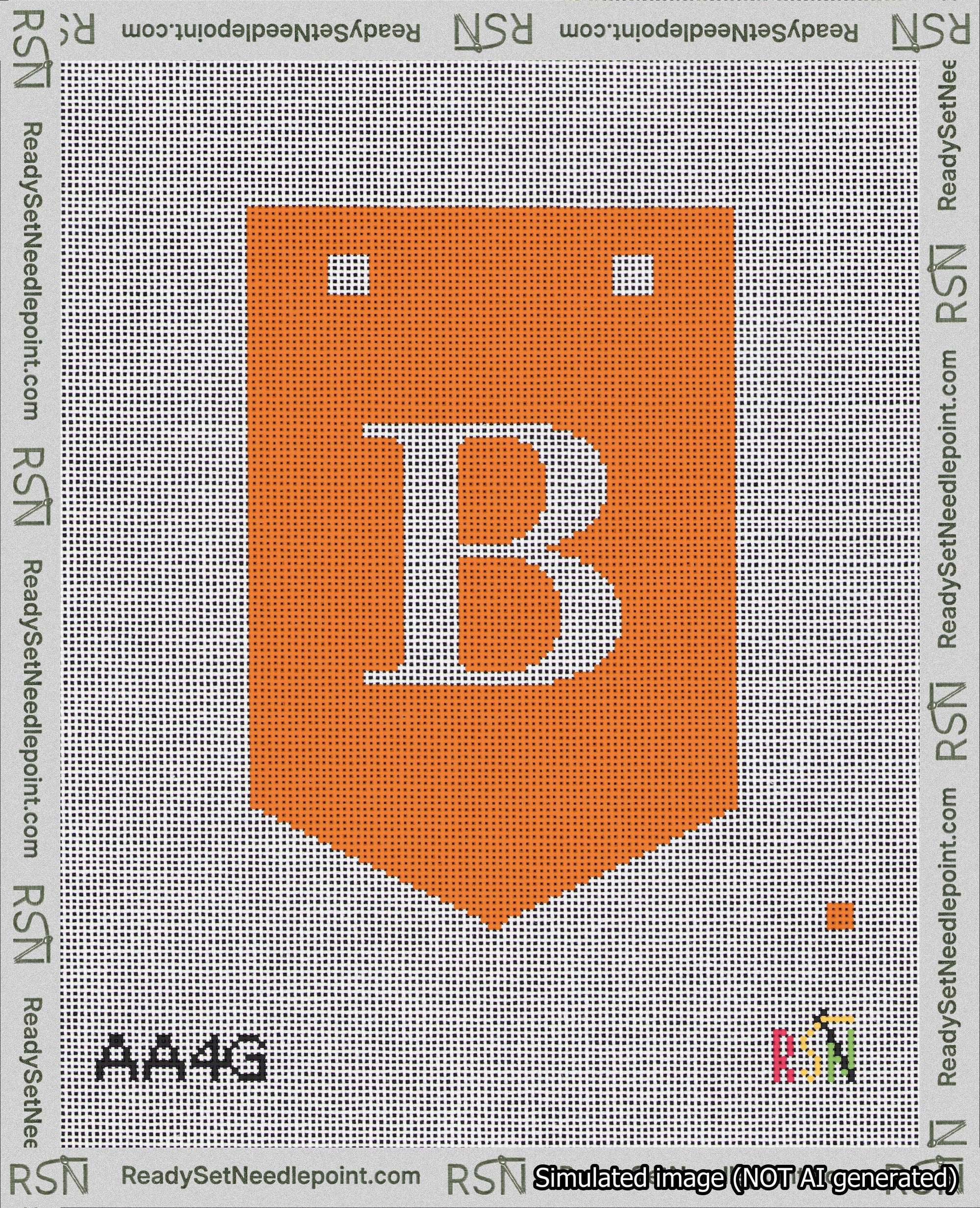 A taped needlepoint canvas with the design: Banner 18 mesh count Pointed B White on Orange.