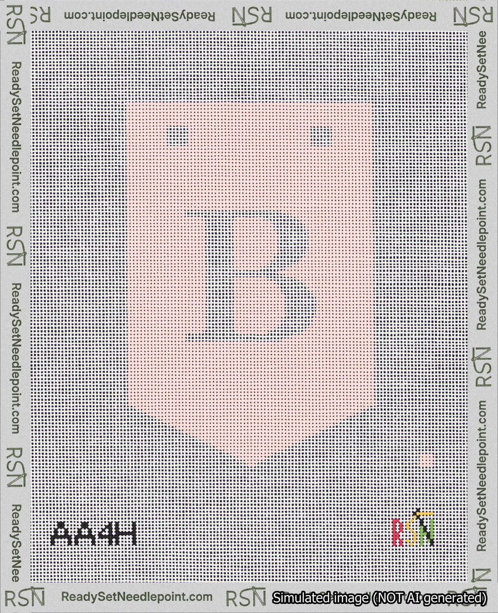 A taped needlepoint canvas with the design: Banner 18 mesh count Pointed B White on Pink.