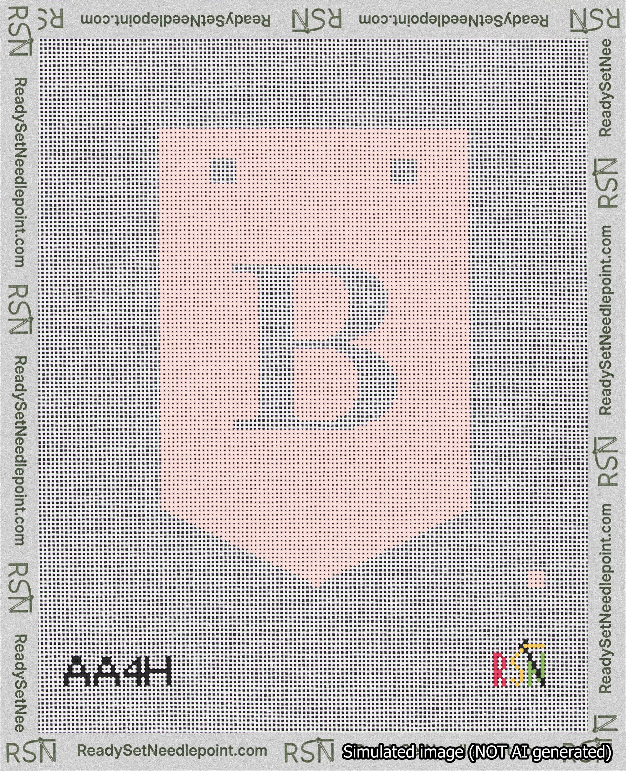 A taped needlepoint canvas with the design: Banner 18 mesh count Pointed B White on Pink.