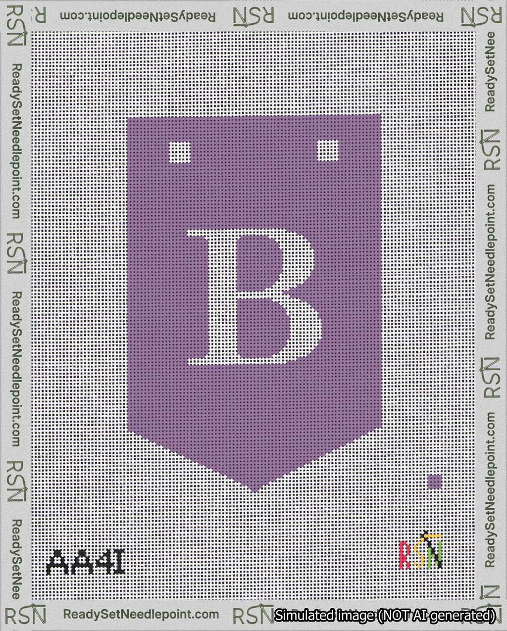 A taped needlepoint canvas with the design: Banner 18 mesh count Pointed B White on Purple.