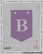A taped needlepoint canvas with the design: Banner 18 mesh count Pointed B White on Purple.