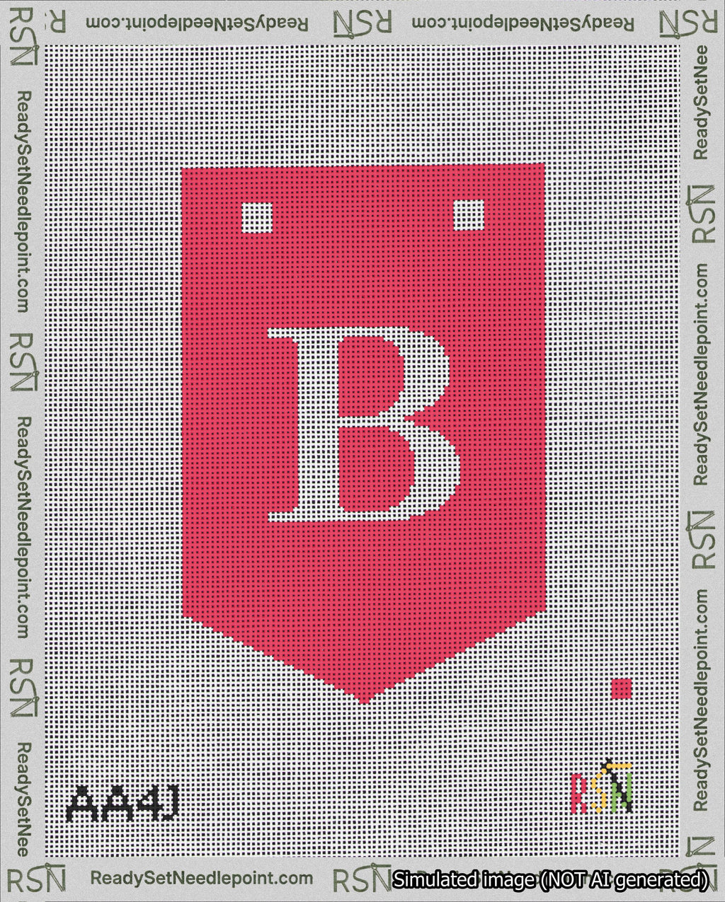 A taped needlepoint canvas with the design: Banner 18 mesh count Pointed B White on Red.