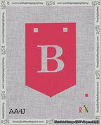 A taped needlepoint canvas with the design: Banner 18 mesh count Pointed B White on Red.