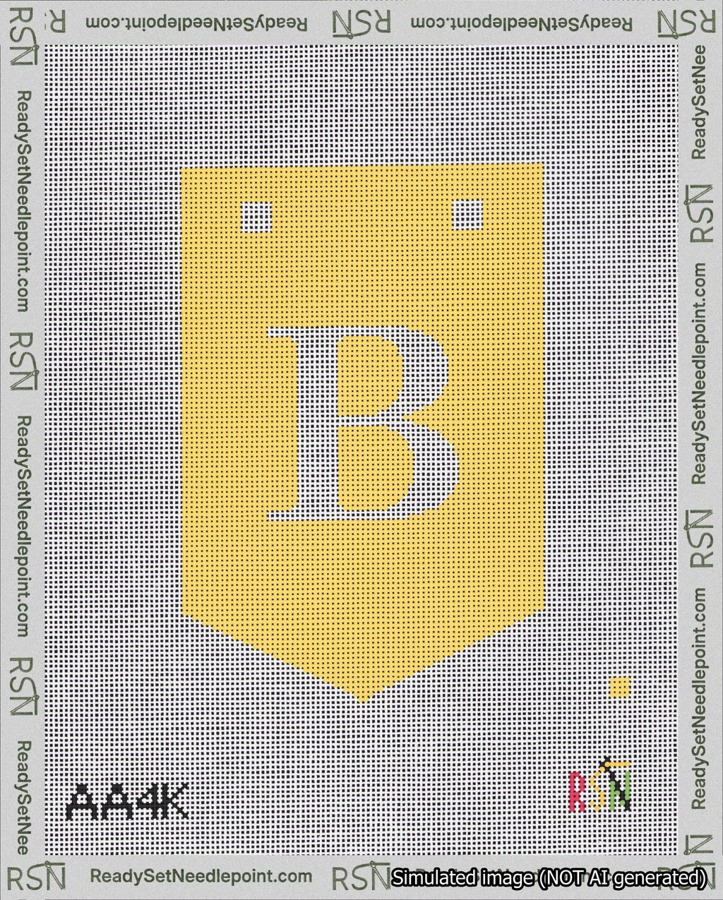 A taped needlepoint canvas with the design: Banner 18 mesh count Pointed B White on Yellow.