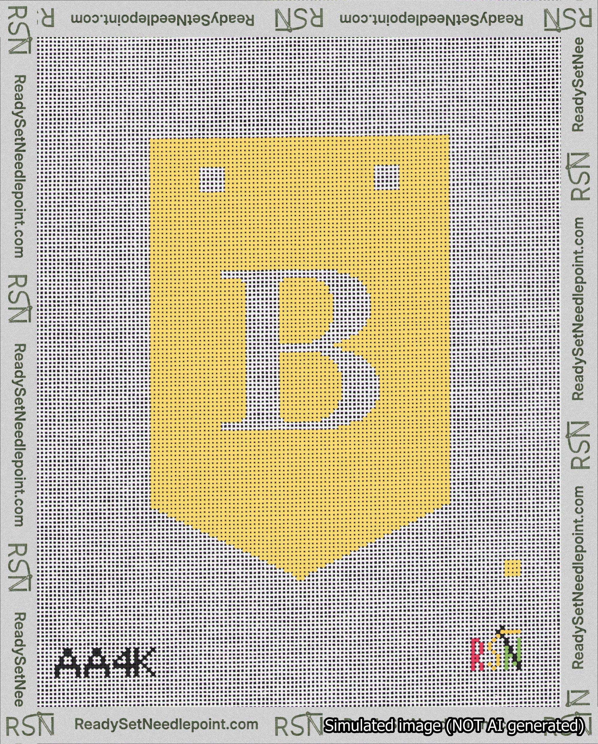 A taped needlepoint canvas with the design: Banner 18 mesh count Pointed B White on Yellow.