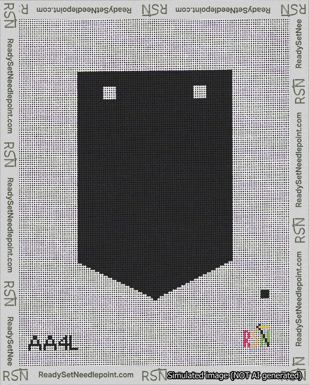 A taped needlepoint canvas with the design: Banner 18 mesh count Pointed Blank Black.