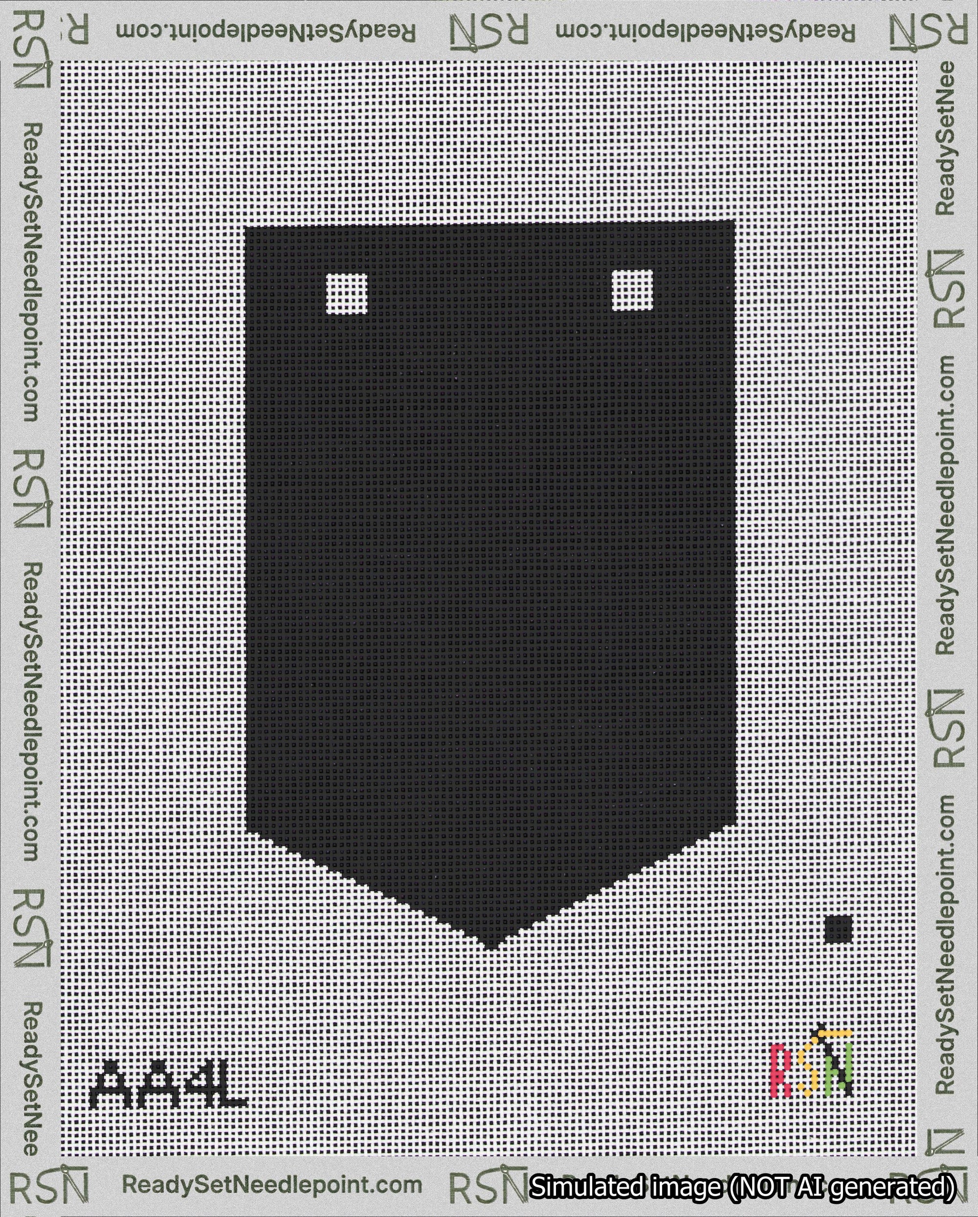 A taped needlepoint canvas with the design: Banner 18 mesh count Pointed Blank Black.