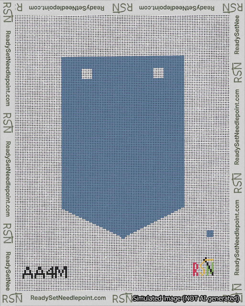 A taped needlepoint canvas with the design: Banner 18 mesh count Pointed Blank Blue.