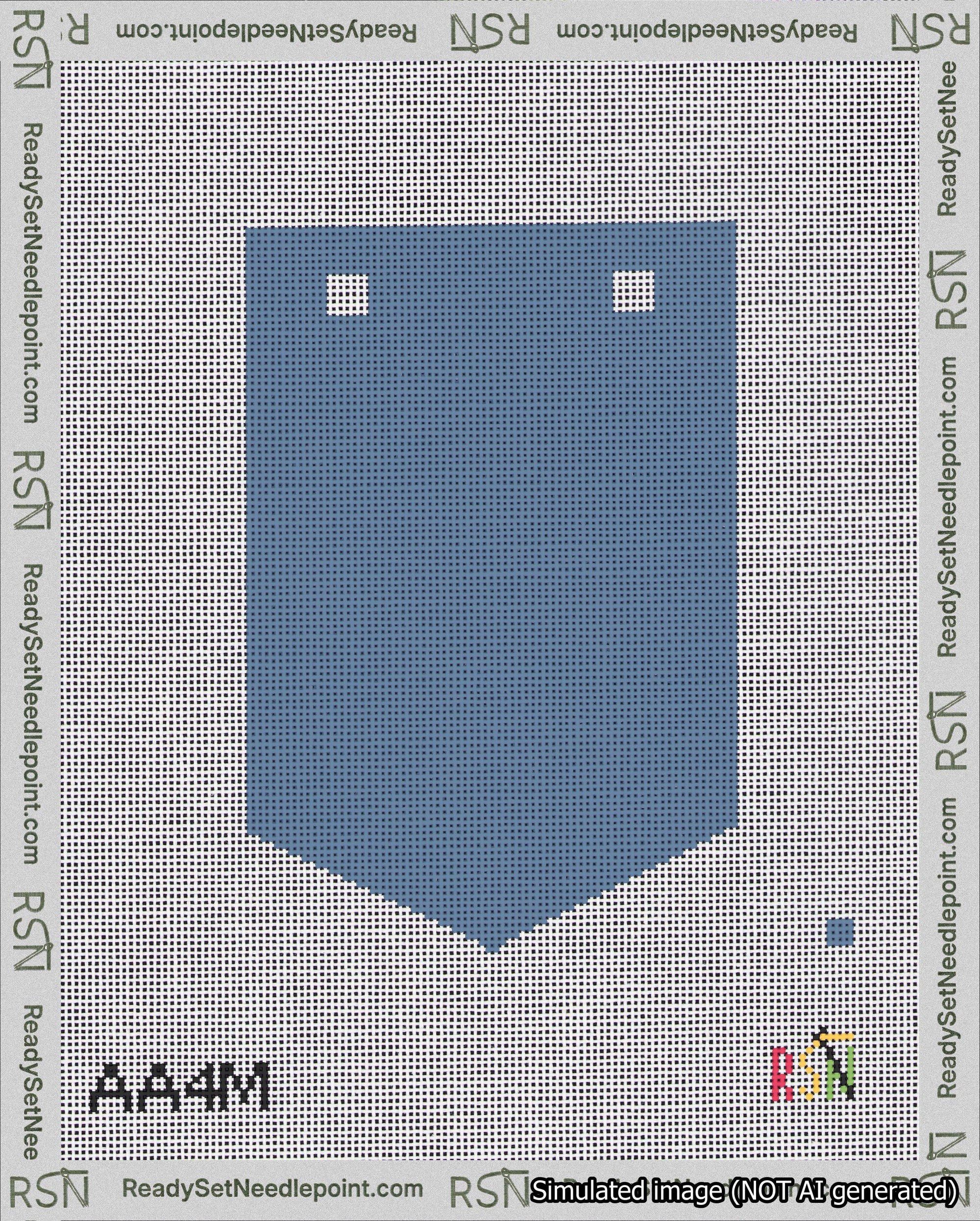 A taped needlepoint canvas with the design: Banner 18 mesh count Pointed Blank Blue.