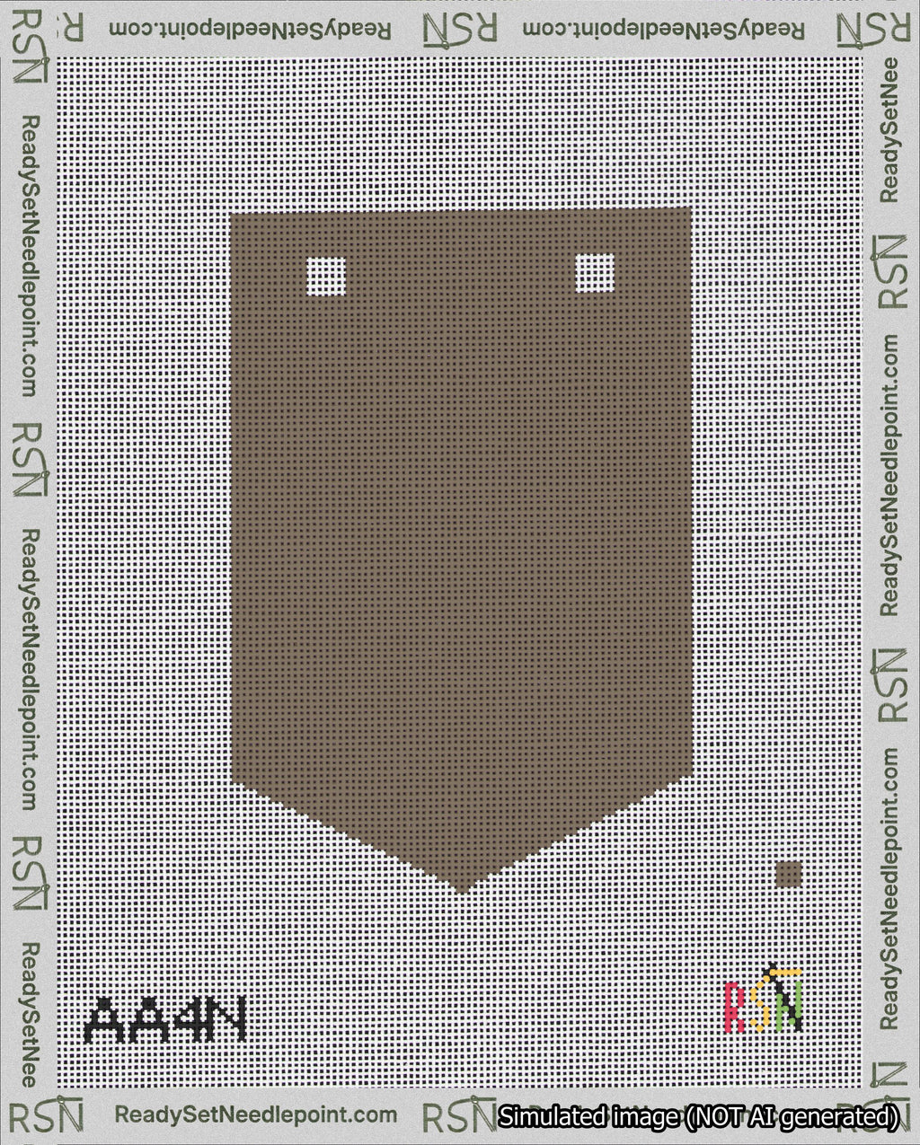 A taped needlepoint canvas with the design: Banner 18 mesh count Pointed Blank Brown.