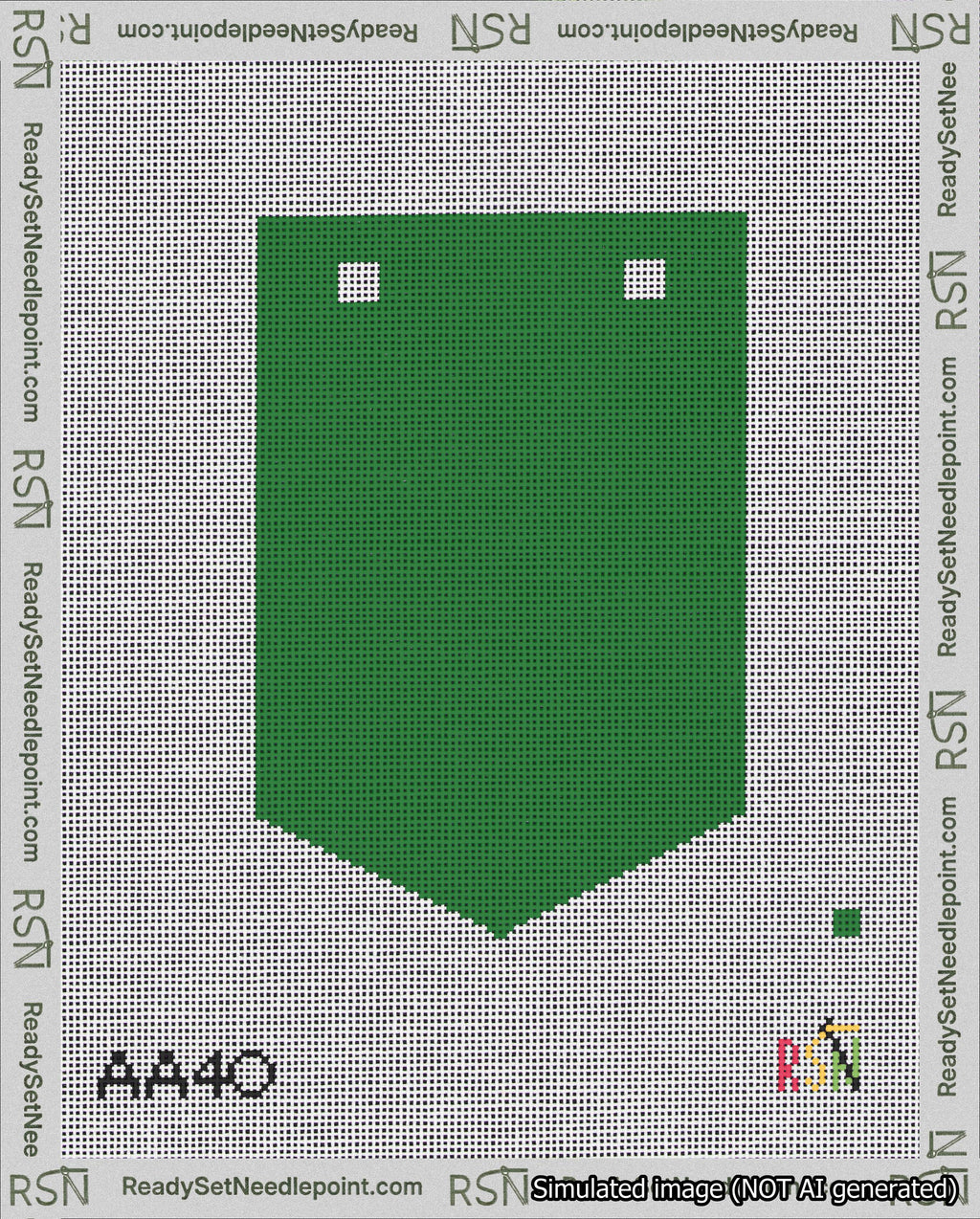 A taped needlepoint canvas with the design: Banner 18 mesh count Pointed Blank Green.
