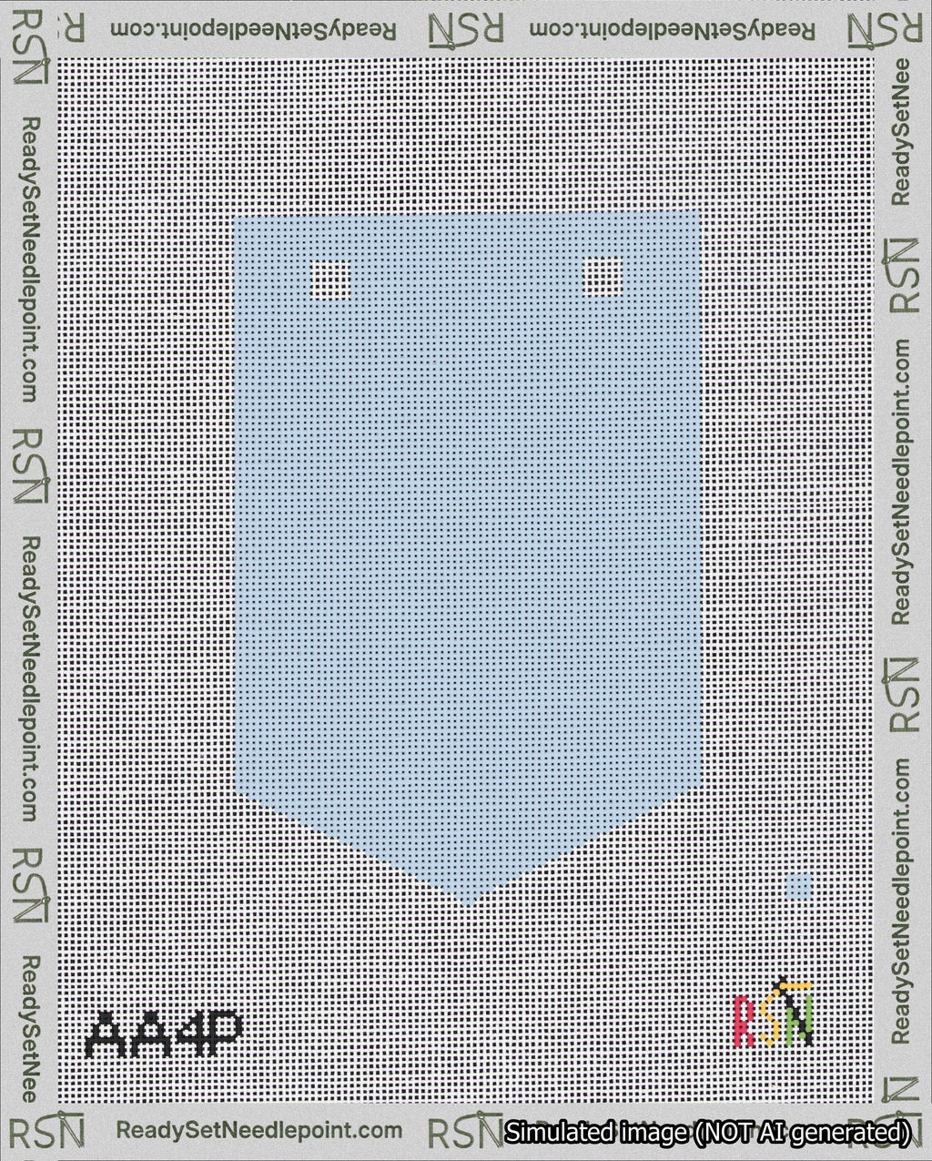 A taped needlepoint canvas with the design: Banner 18 mesh count Pointed Blank Light Blue.