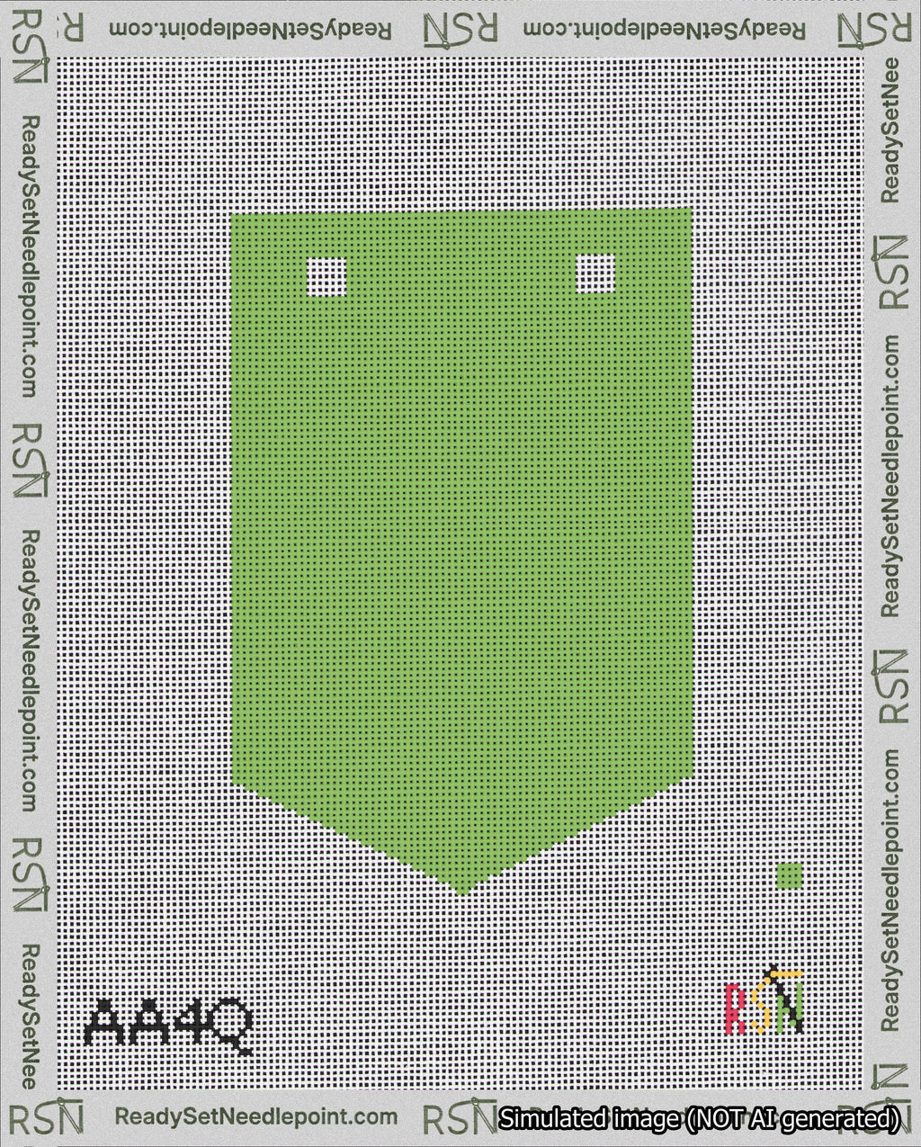 A taped needlepoint canvas with the design: Banner 18 mesh count Pointed Blank Light Green.