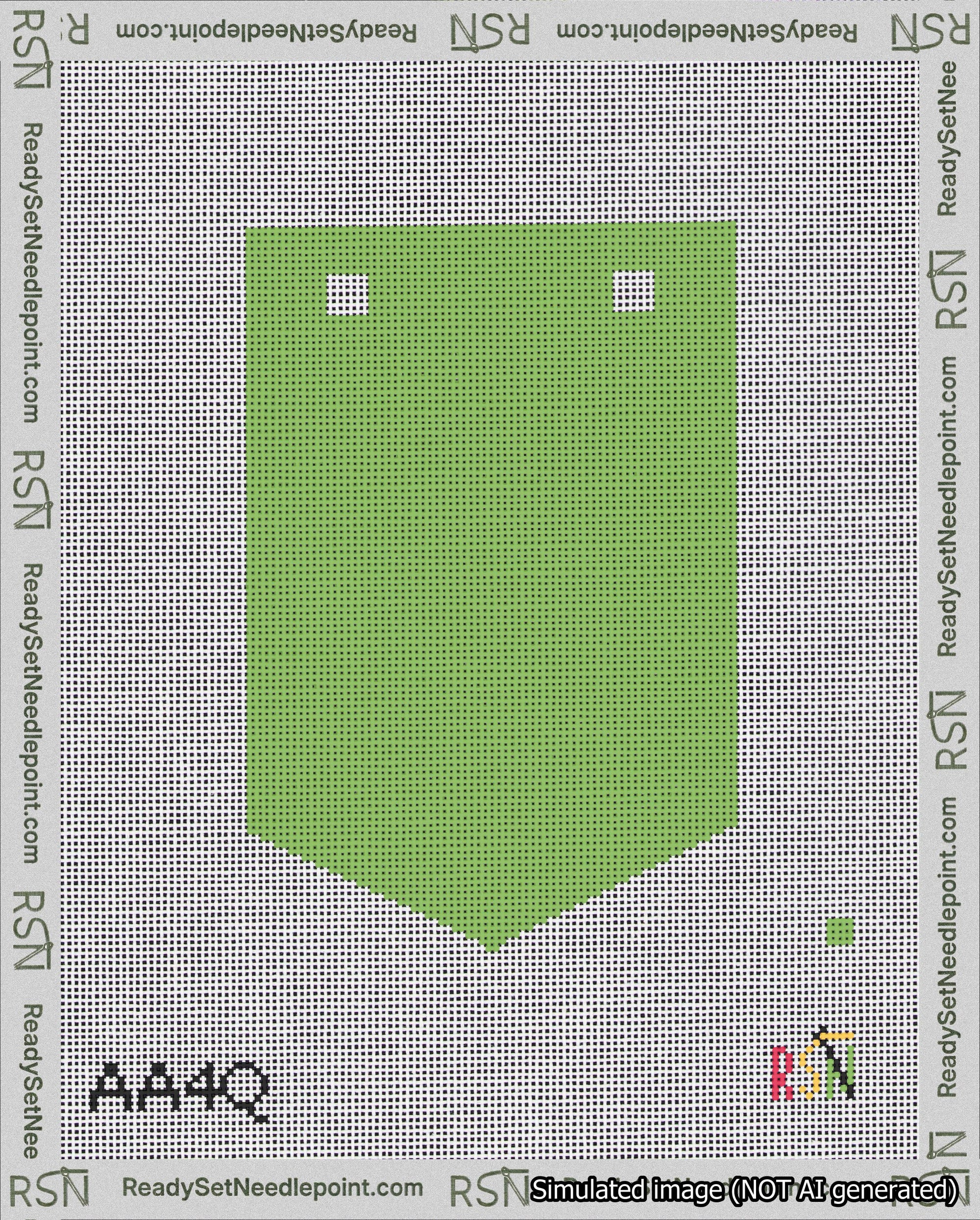 A taped needlepoint canvas with the design: Banner 18 mesh count Pointed Blank Light Green.
