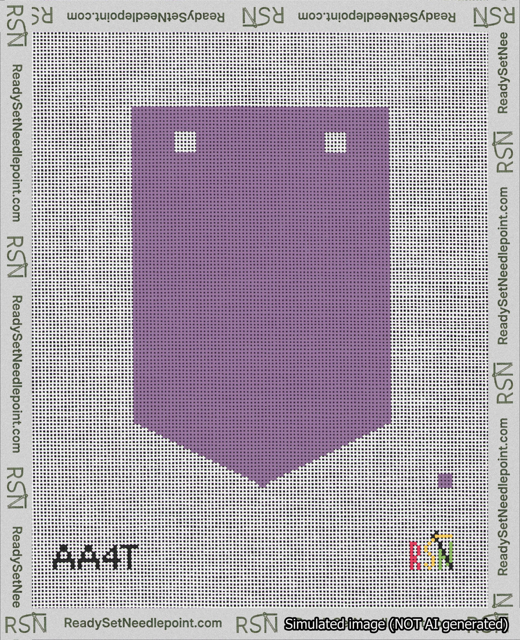 A taped needlepoint canvas with the design: Banner 18 mesh count Pointed Blank Purple.