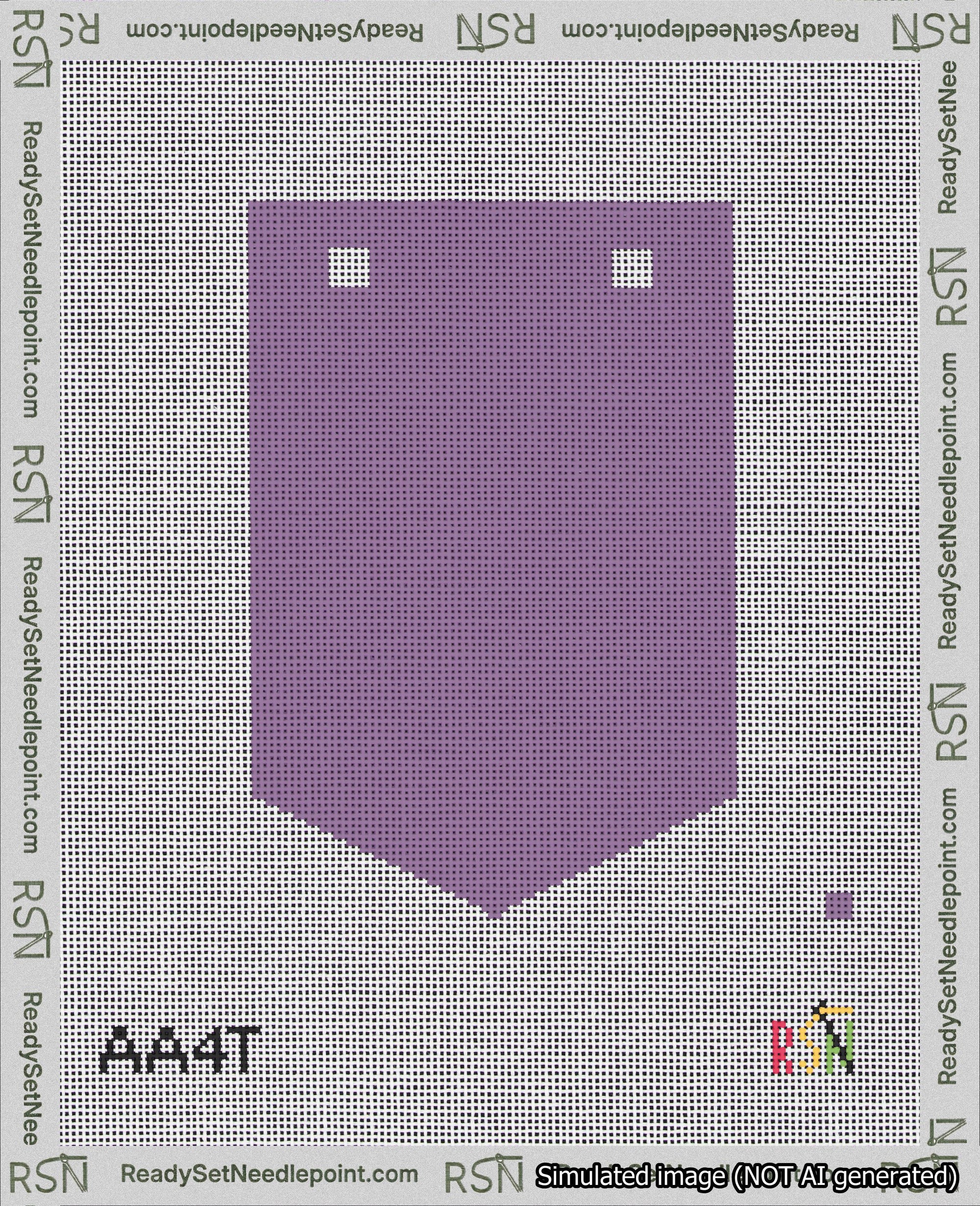 A taped needlepoint canvas with the design: Banner 18 mesh count Pointed Blank Purple.